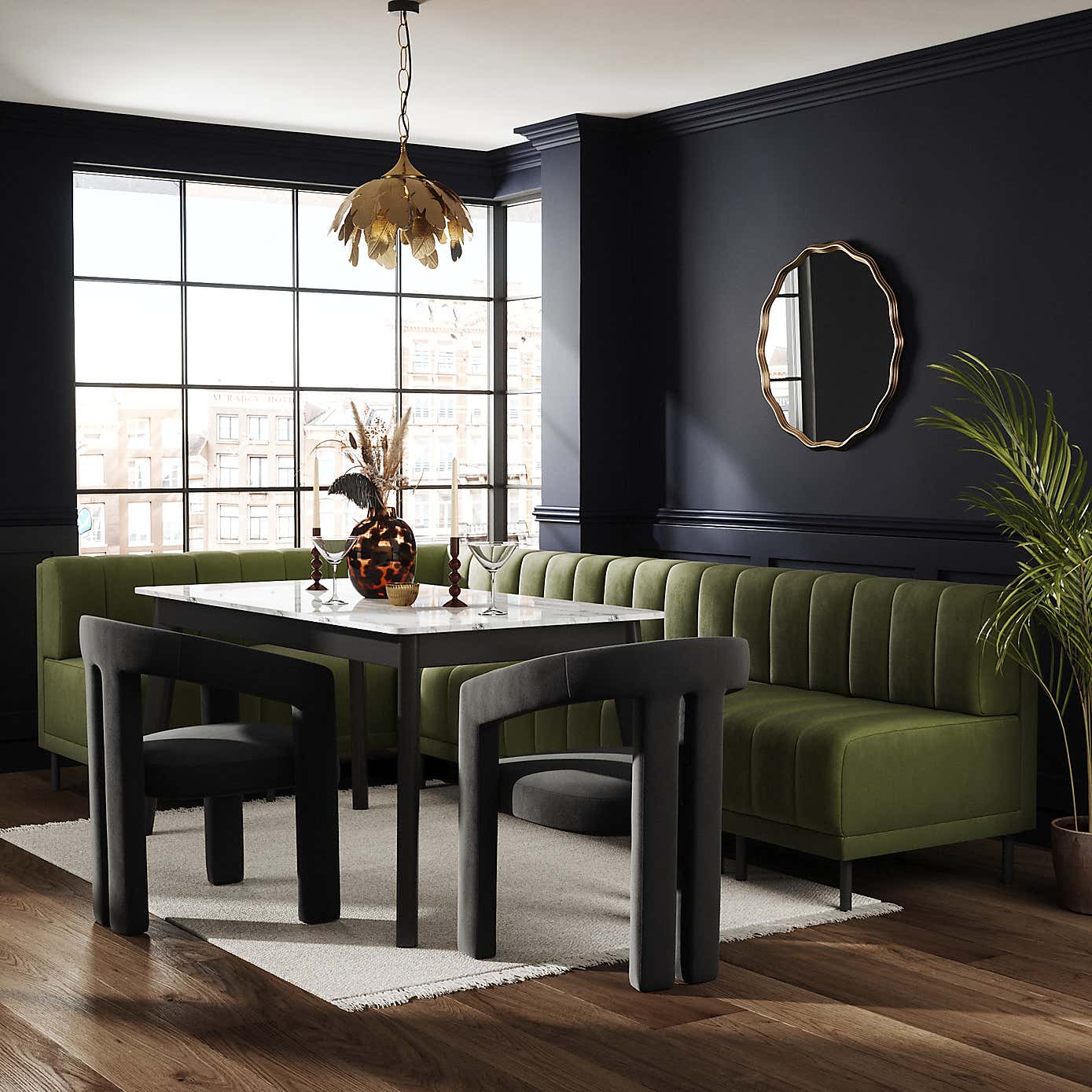 Amali Matte Plush Velvet Right Hand Dining Bench Olive Bundle