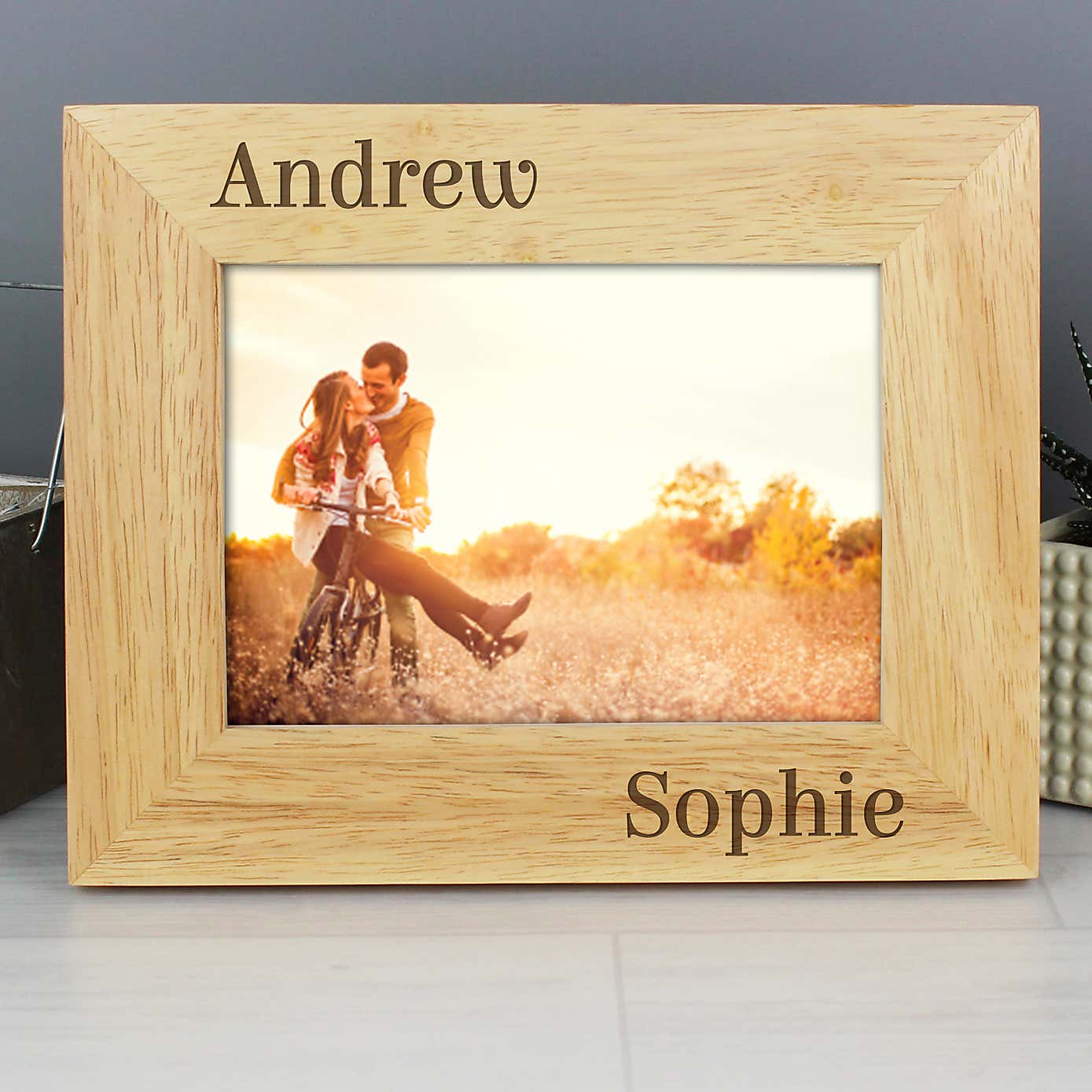 Personalised Couples Light Wood Landscape Photo Frame