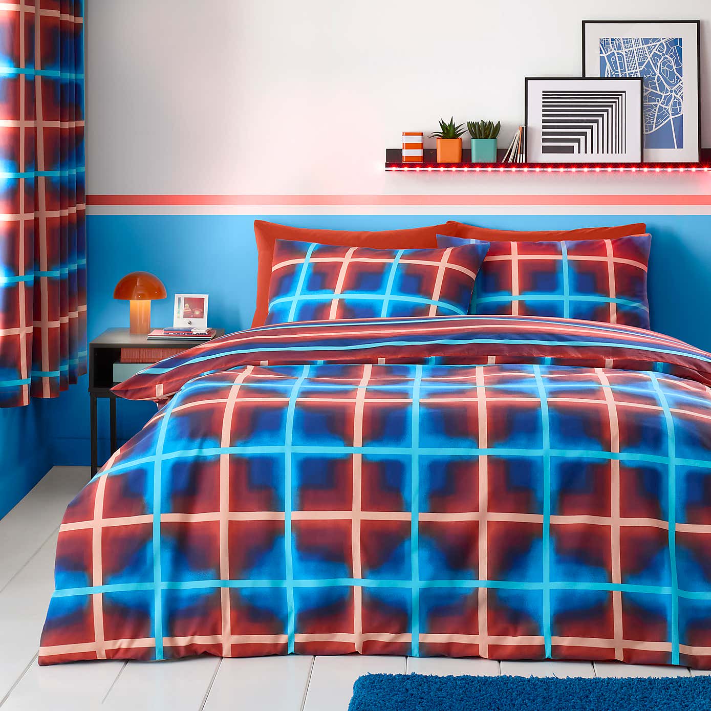Red & Blue Neon Checks Reversible Duvet Cover and Pillowcase Set