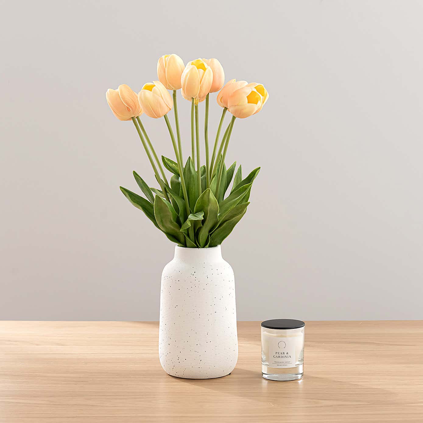 Tulip Arrangement in Textured Ceramic Vase with Pear & Gardinia Candle