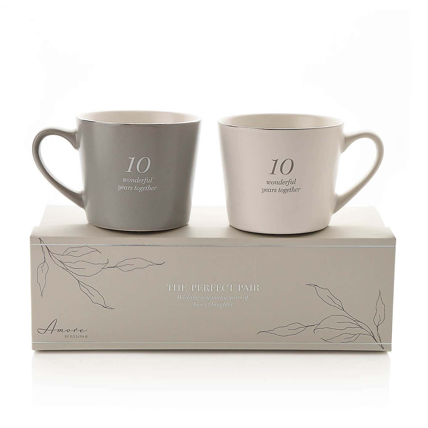 Amore Set of 2 Grey & White 10th Anniversary Mugs