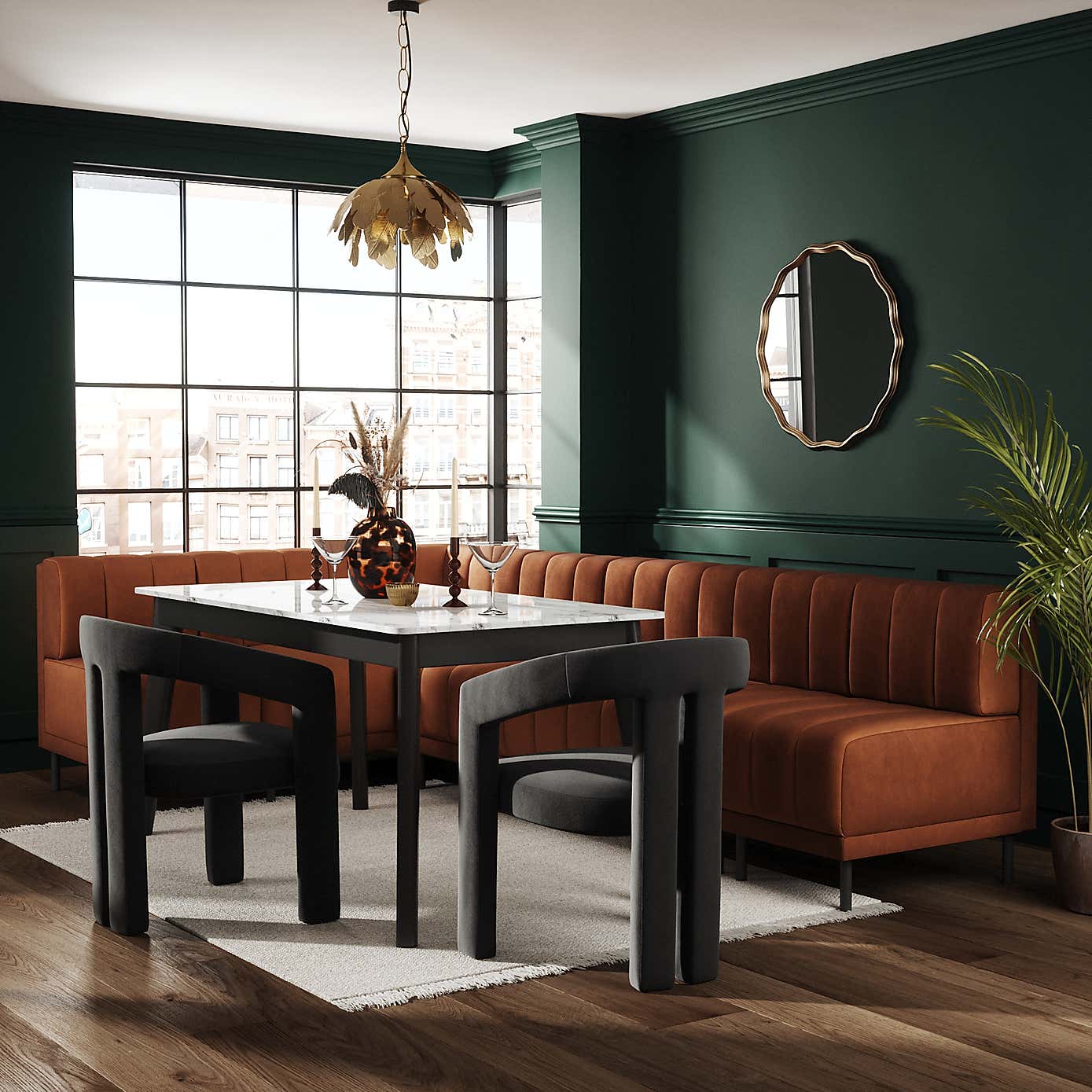 Amali Matte Plush Velvet Right Hand Dining Bench Orange Bundle