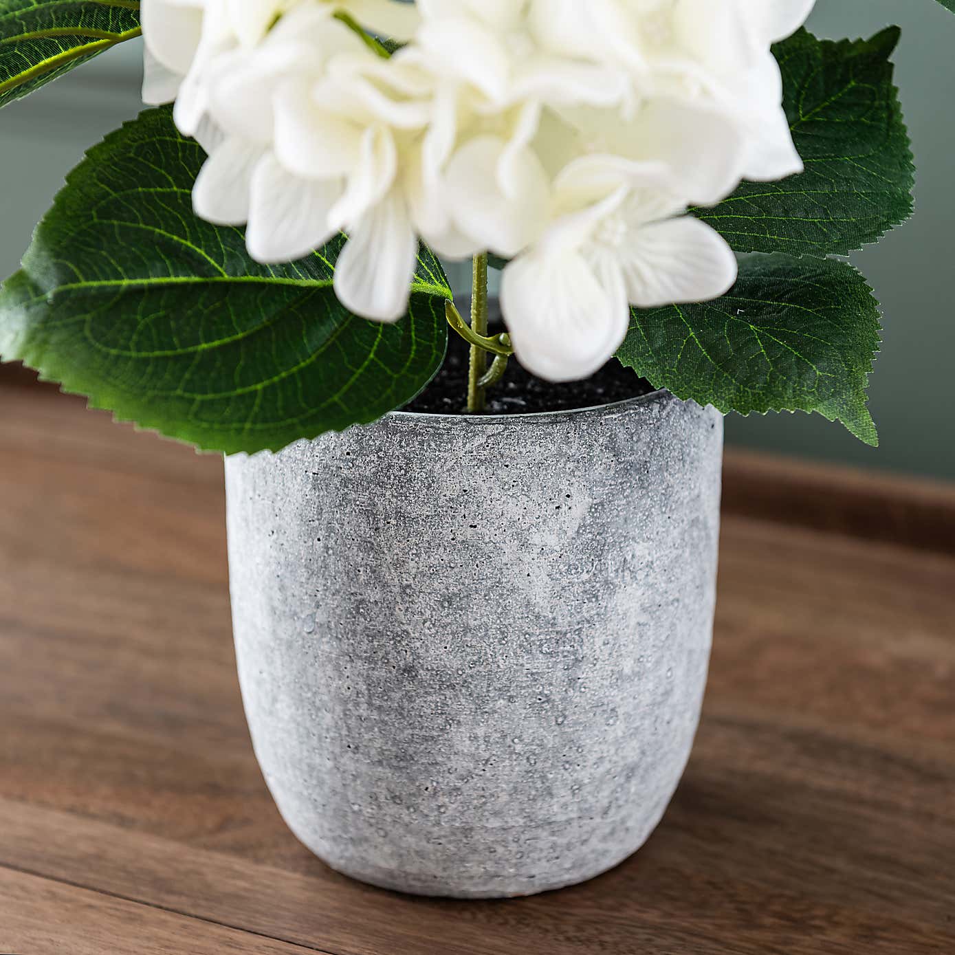 Artificial White Hydrangea in Grey Cement Pot
