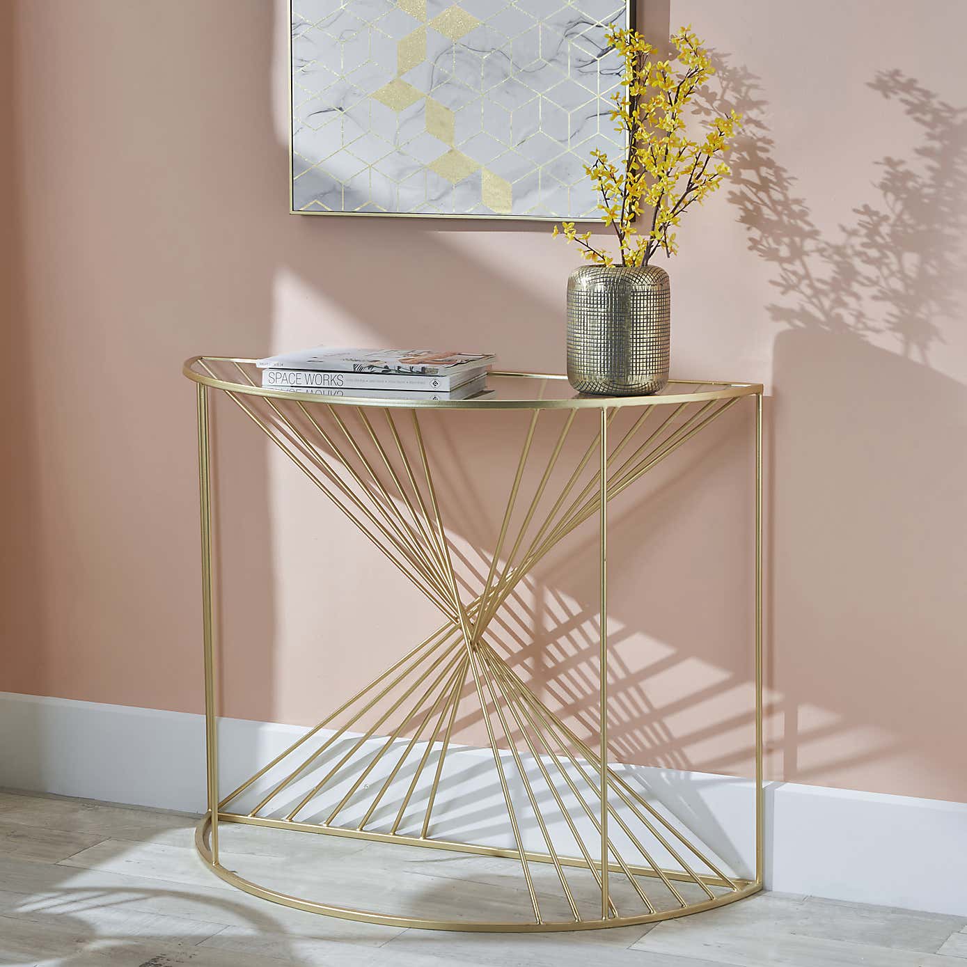 Liberty Glass and Gold Half Moon Console Table