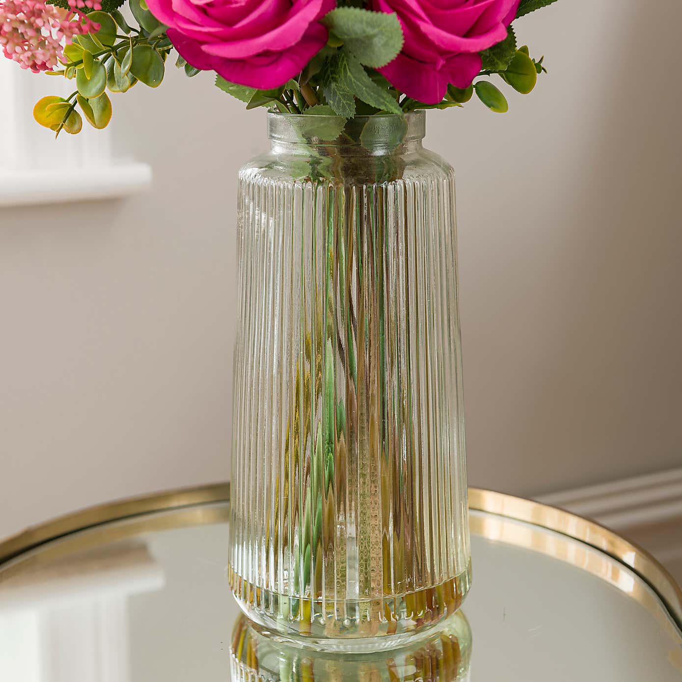Artificial Rose & Poppy Bouquet in Ribbed Glass Vase