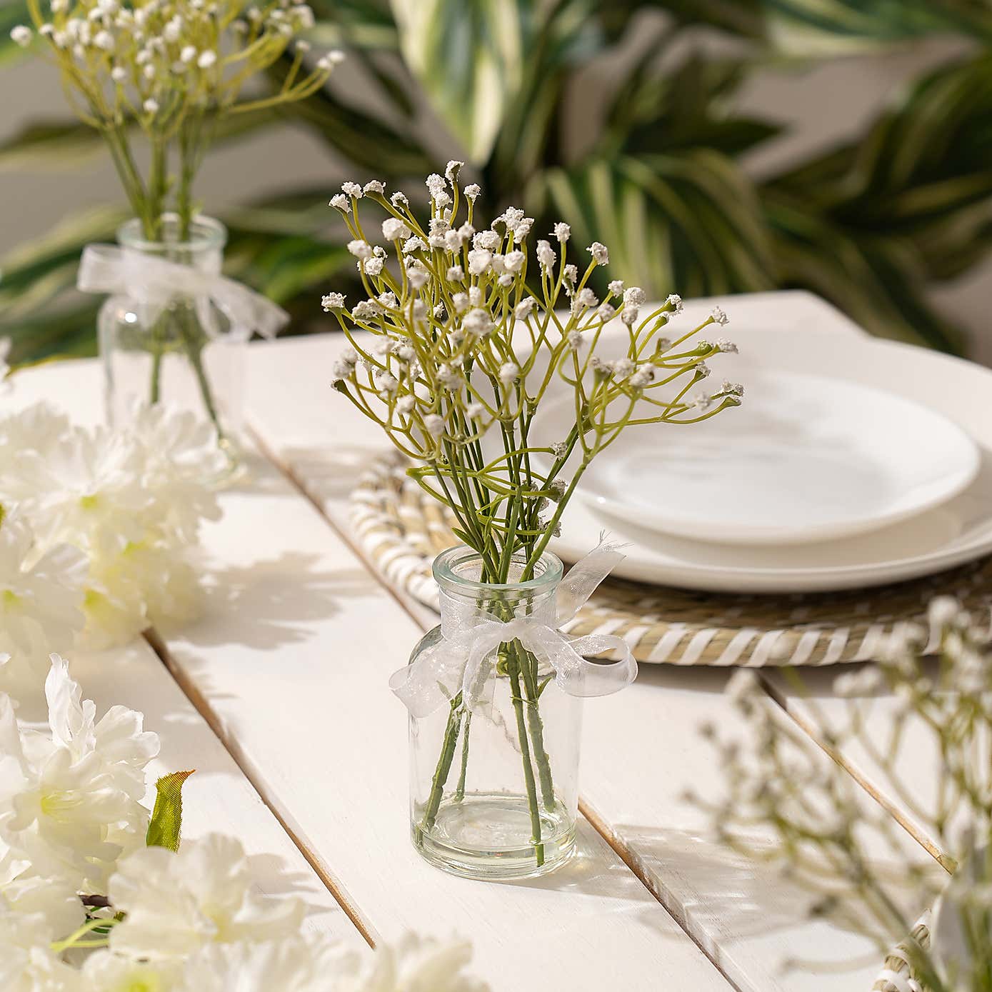 Set of 3 Artificial Gypsophila Bundles in Glass Bottle Vases