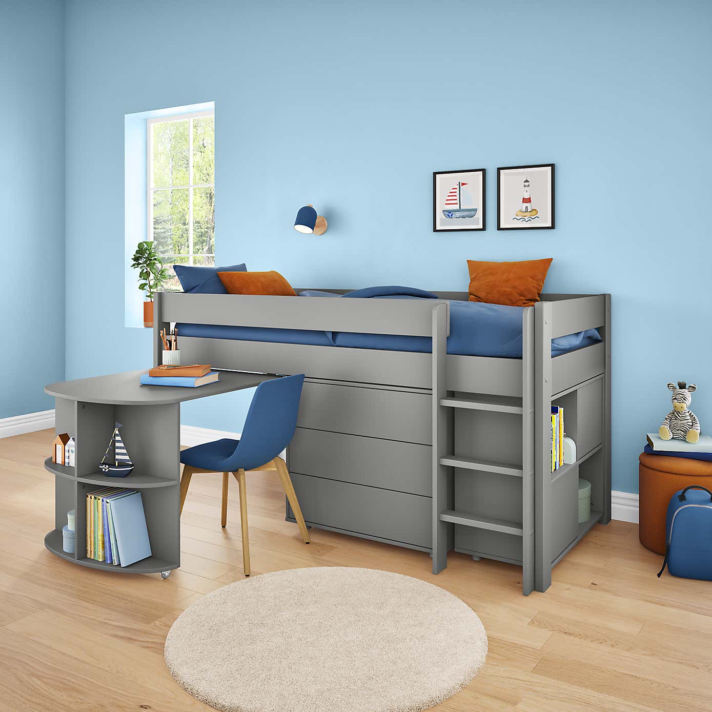 Stompa Uno Midsleeper With Pull Out Desk, Chest of Drawers and Cube Unit, Pine
