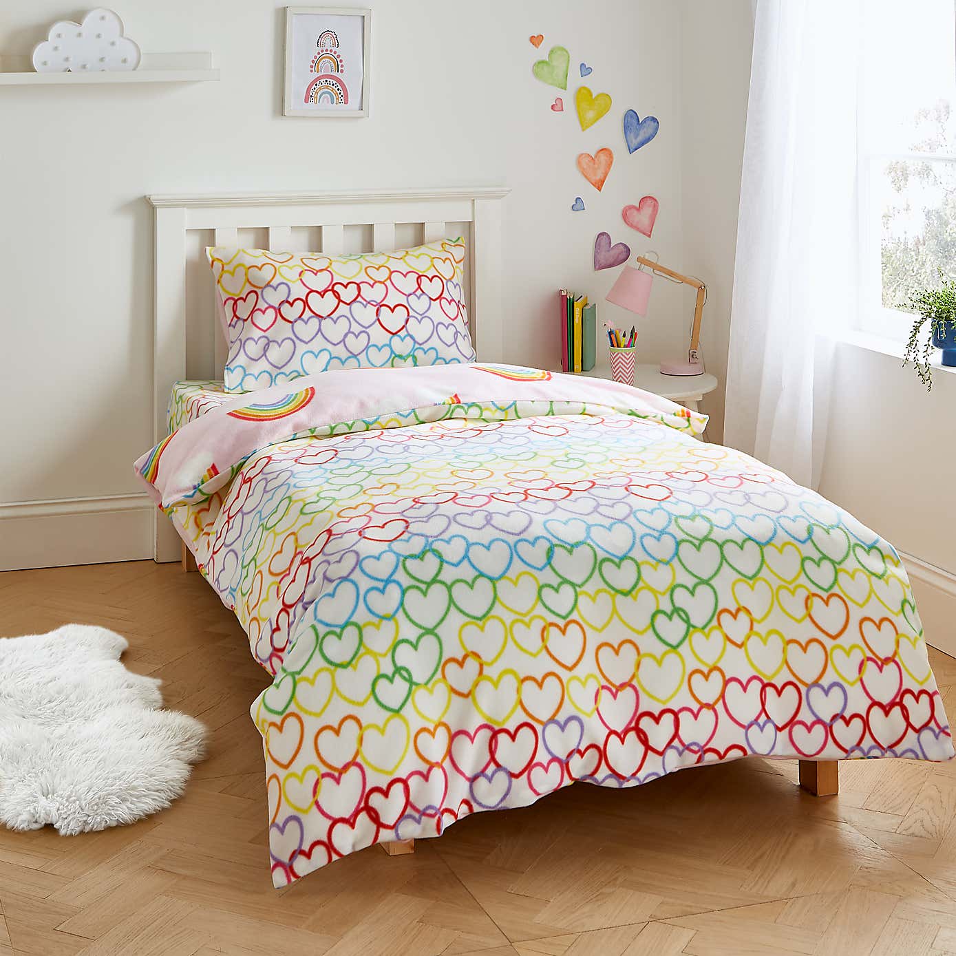 Catherine Lansfield Rainbow Hearts Cosy Fleece Reversible Duvet Cover & Pillowcase Set