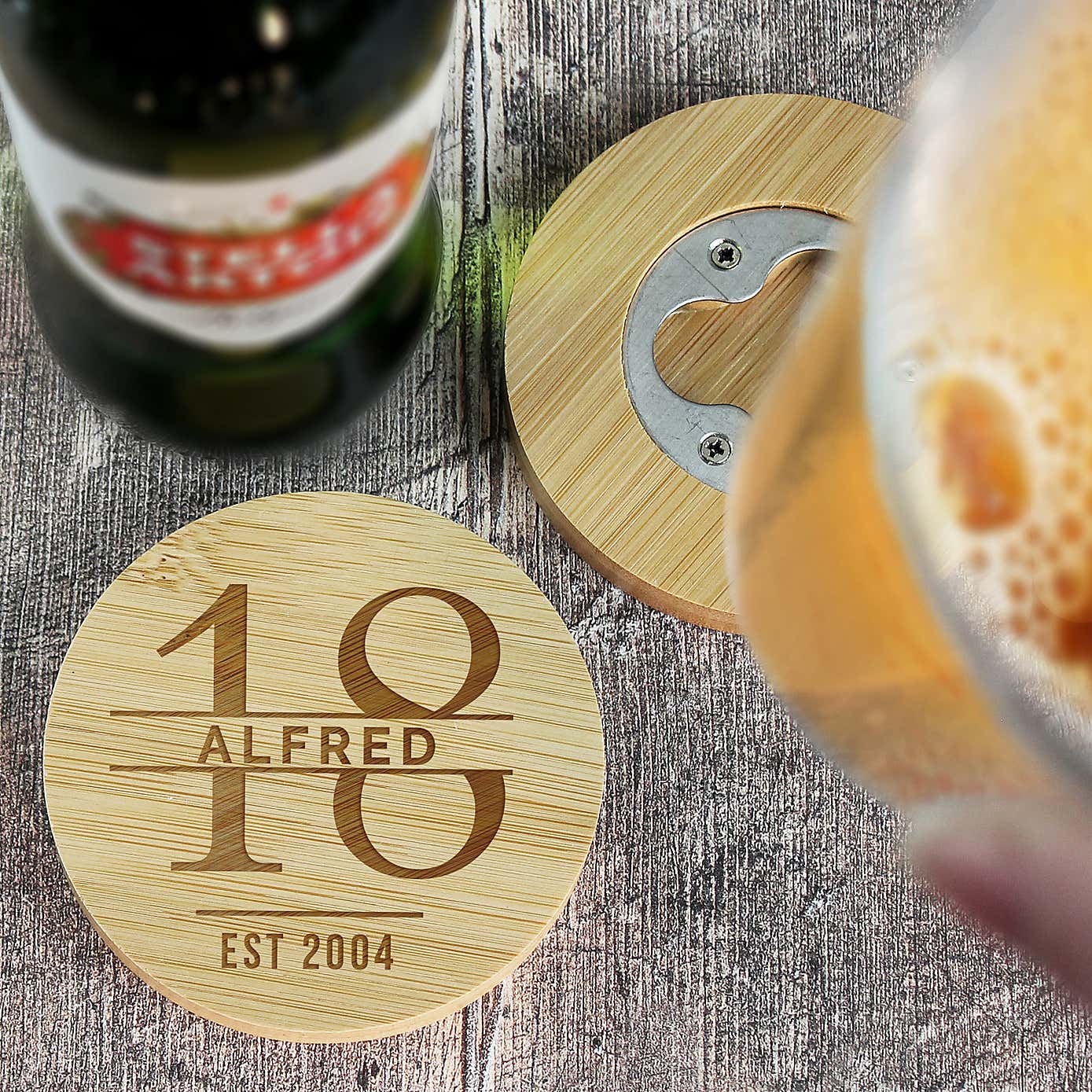 Personalised Birthday Bamboo Bottle Opener Coaster and Pint Glass Set