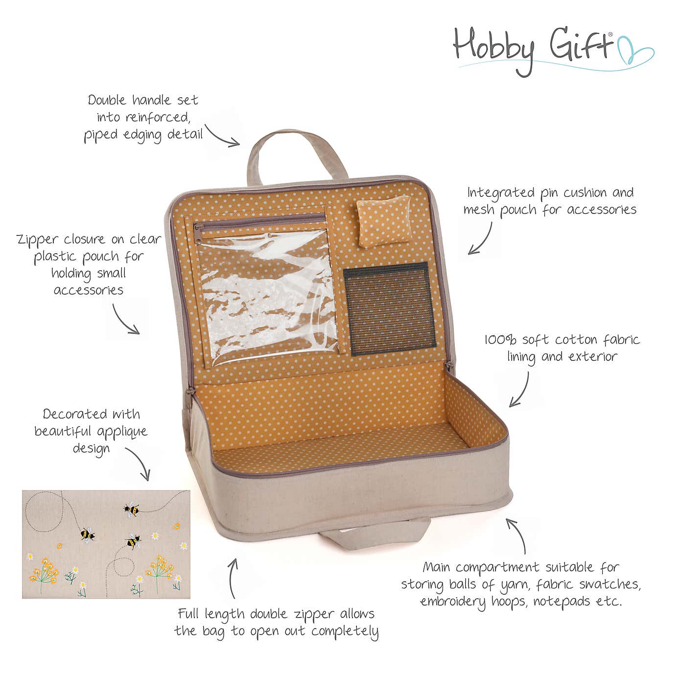 Hobby Gift Linen Bee Applique Project Case Natural