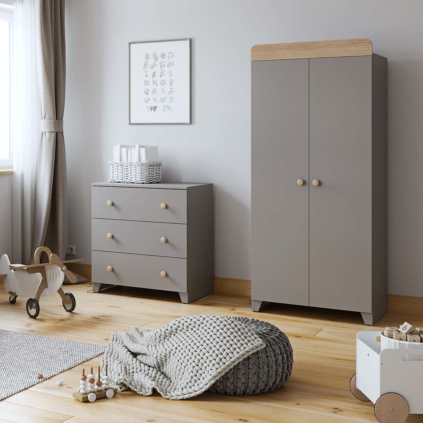 Little Acorns Classic Oak Effect 3 Drawer Chest and Wardrobe Nursery Set
