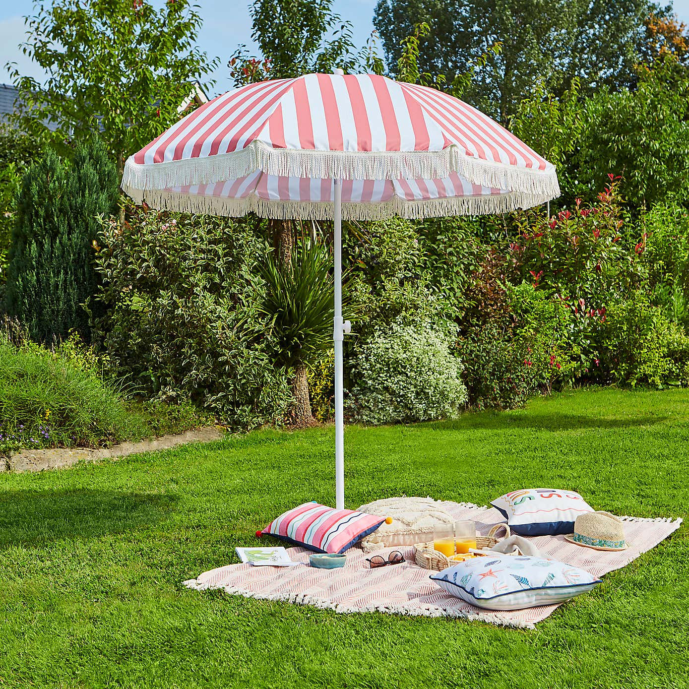 2m Striped Parasol With Fringe