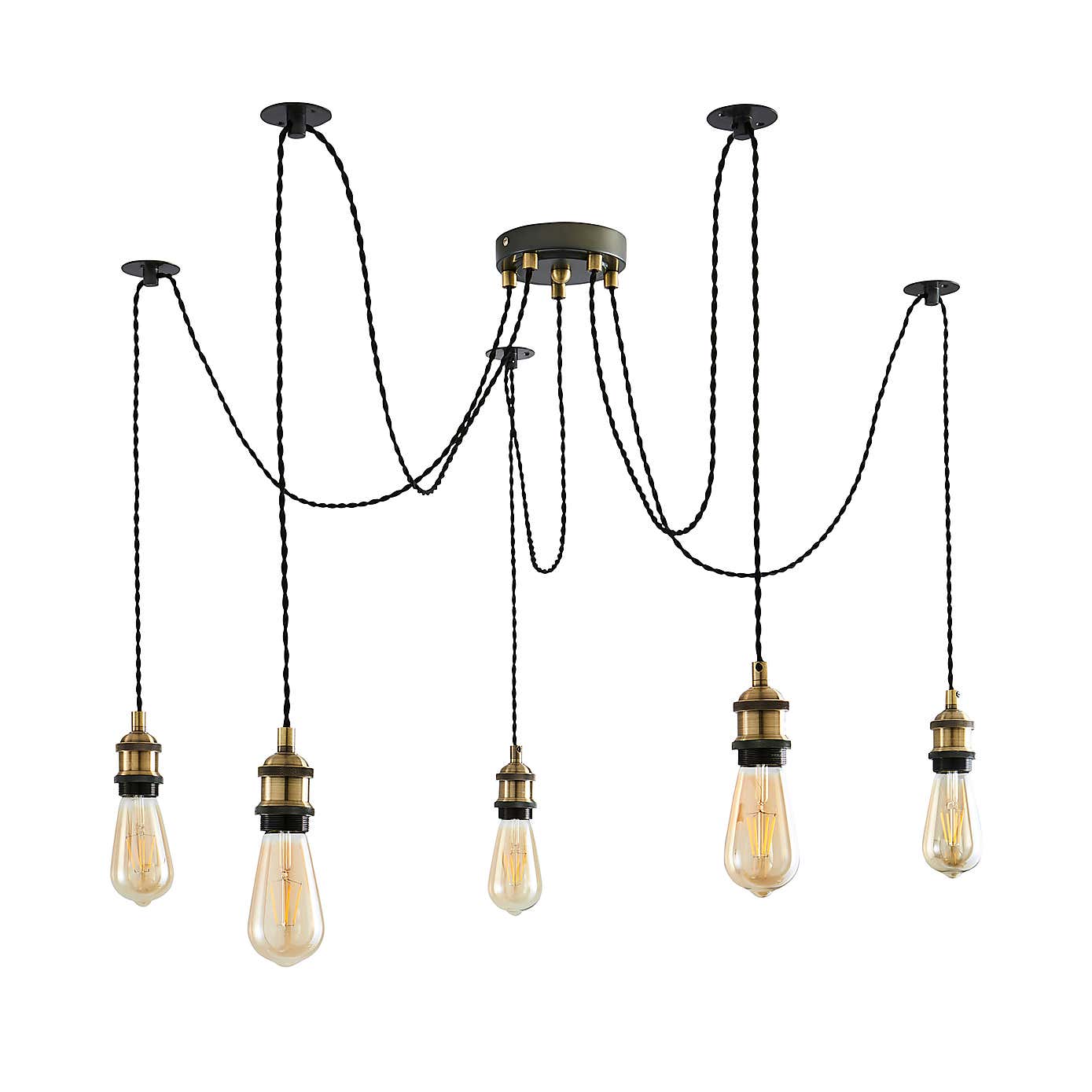Logan 5 Light Spider Antique Brass Industrial Cluster Flex Fitting