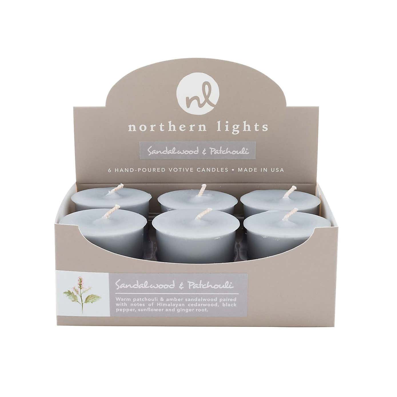 Northern Lights Sandalwood and Patchouli Pack of 6 Votive Candles