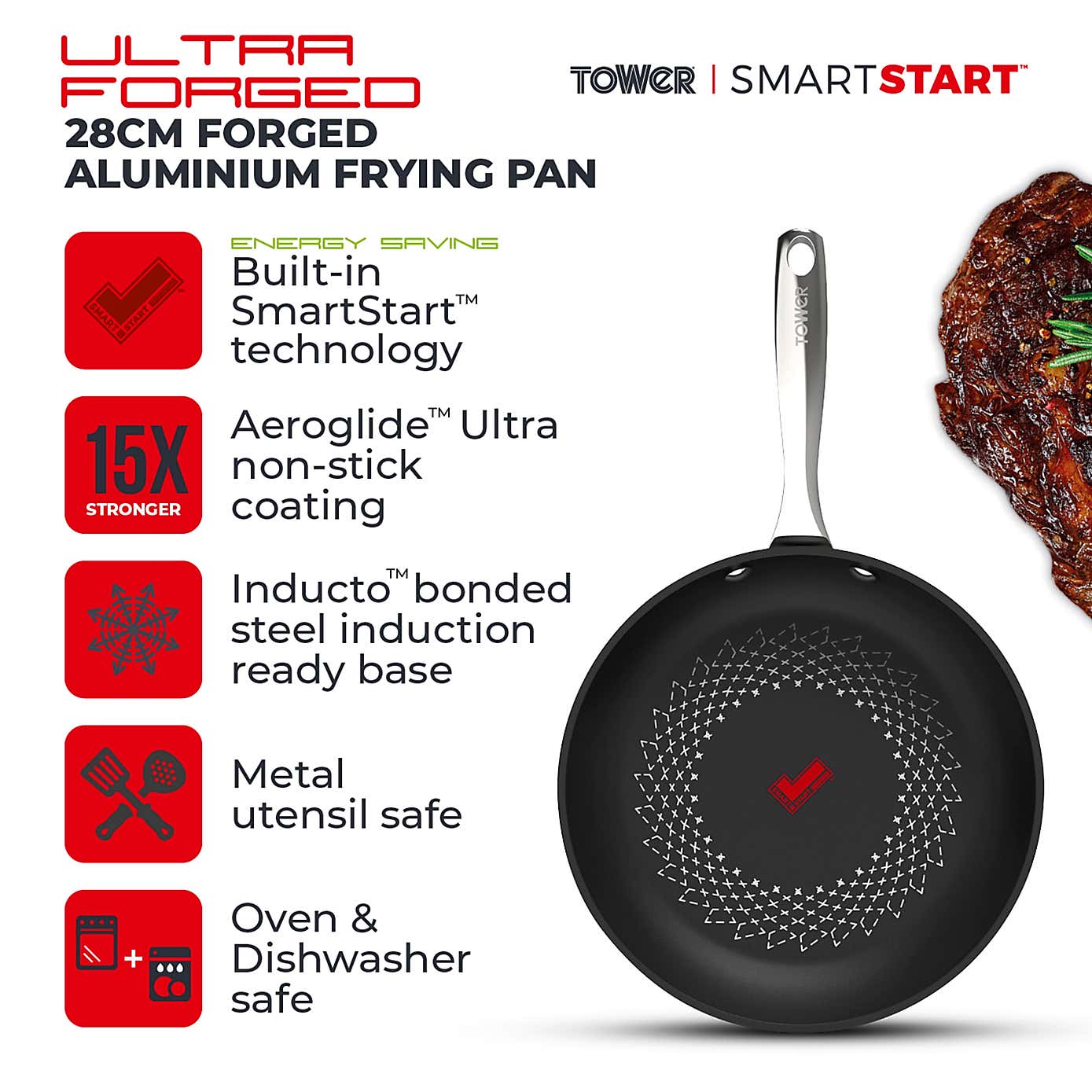 Tower Smart Start Non-Stick Ultra Forged Aluminium Frying Pan, 28cm