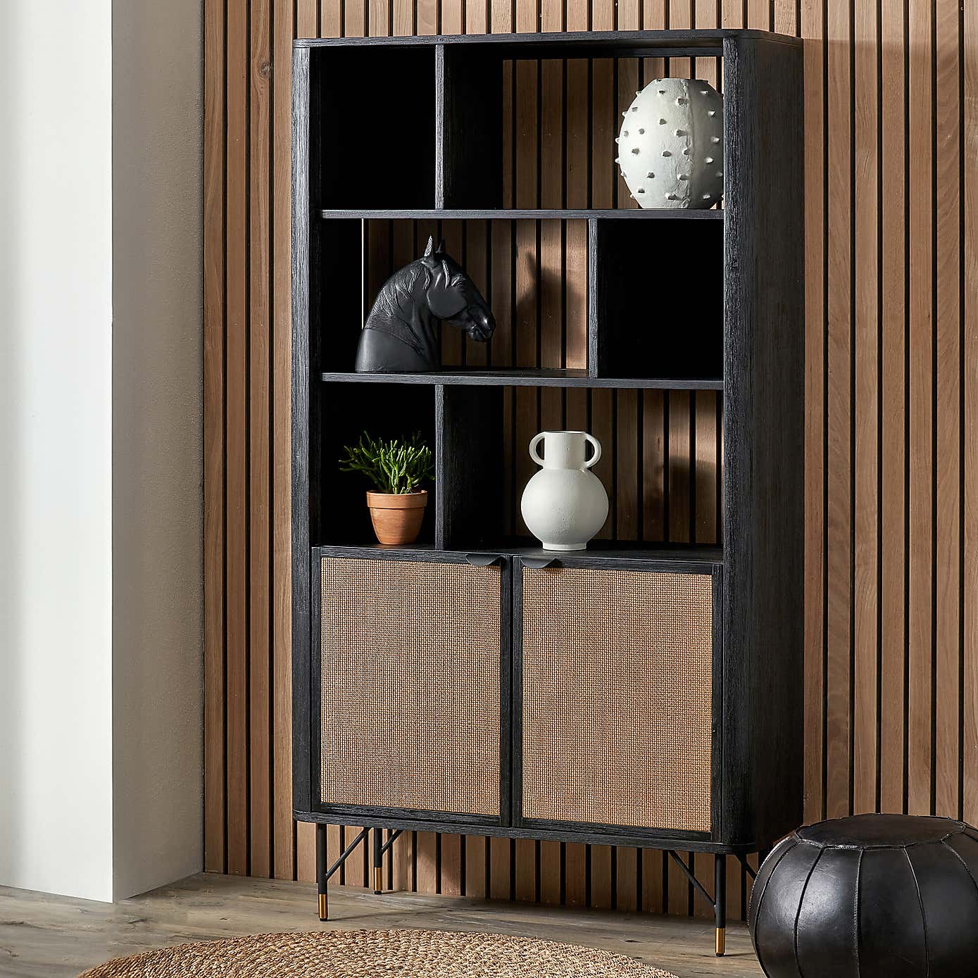 Fiji 2 Door Shelving Unit, Acacia Wood and Rattan