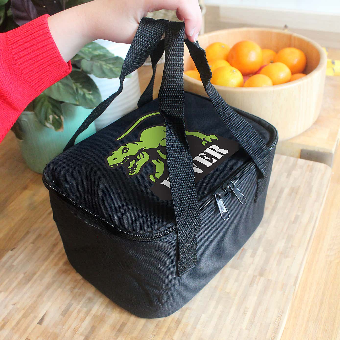 Personalised Black Dinosaur Lunch Bag