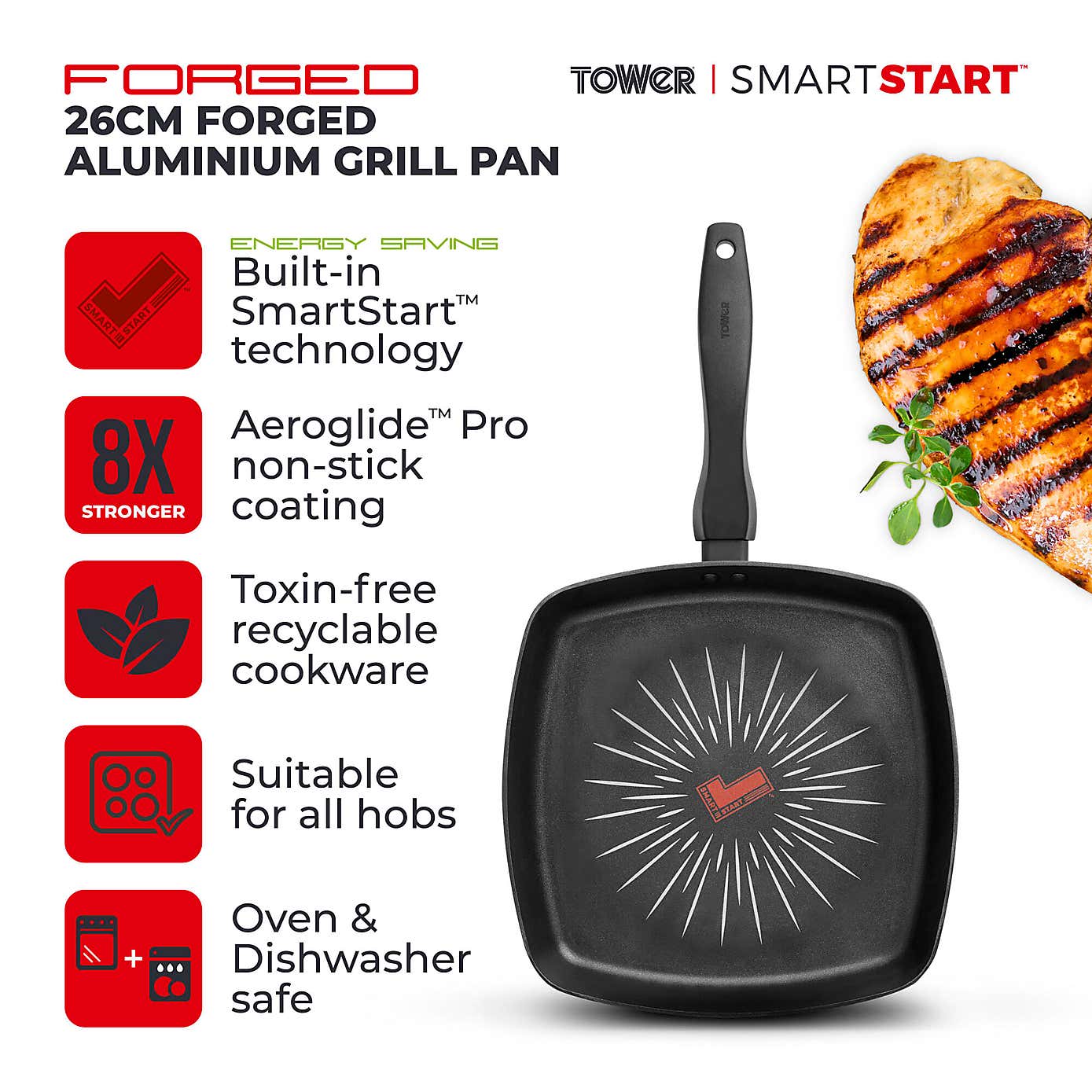 Tower Smart Start Non-Stick Forged Aluminium Grill Pan, 26cm