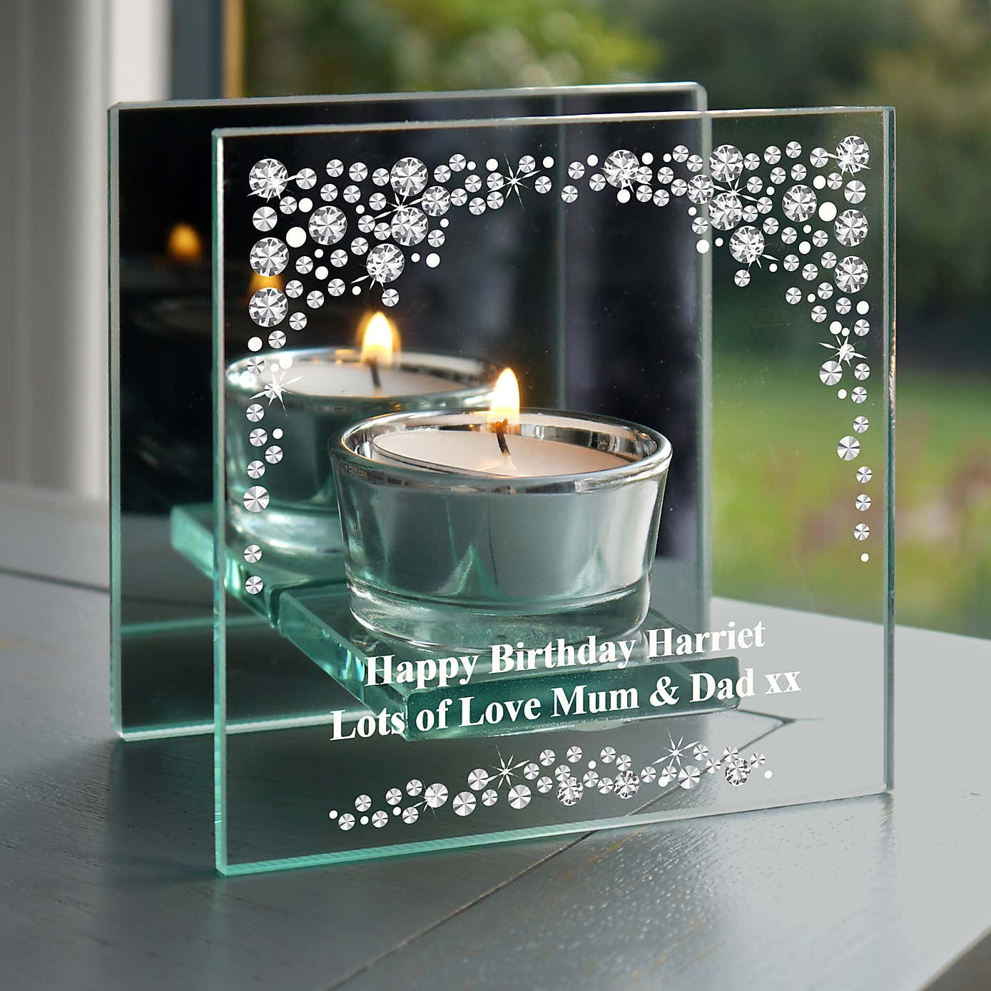 Personalised Diamante Mirrored Glass Tea Light Holder