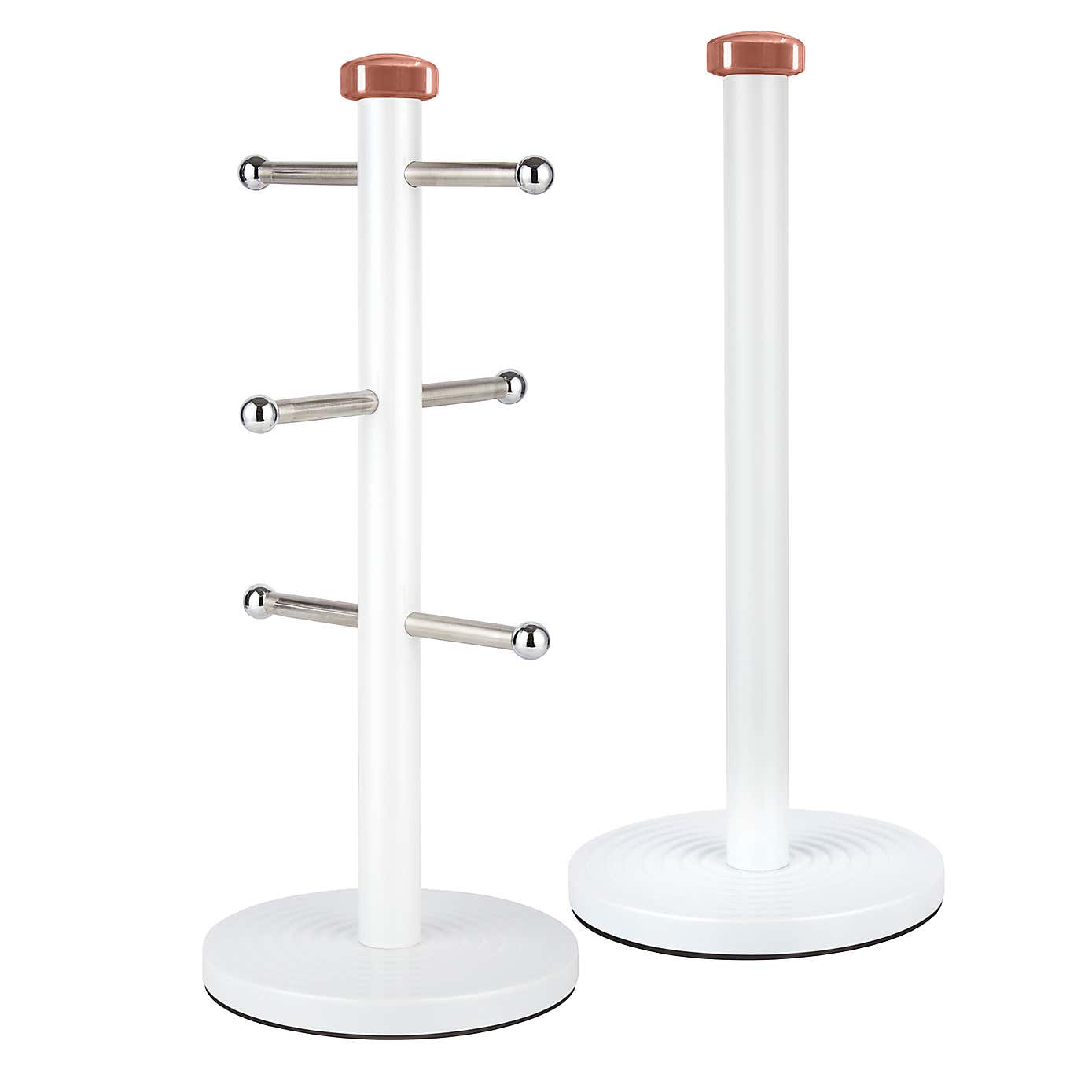 Linear White and Rose Gold Mug Tree and Kitchen Roll Holder Set