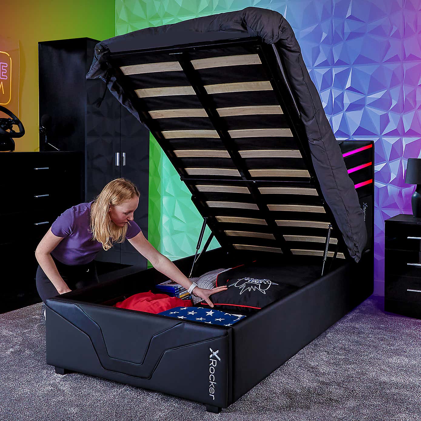 X Rocker Cosmos RGB Single Gaming Ottoman Bed In Box with Neo Motion LED