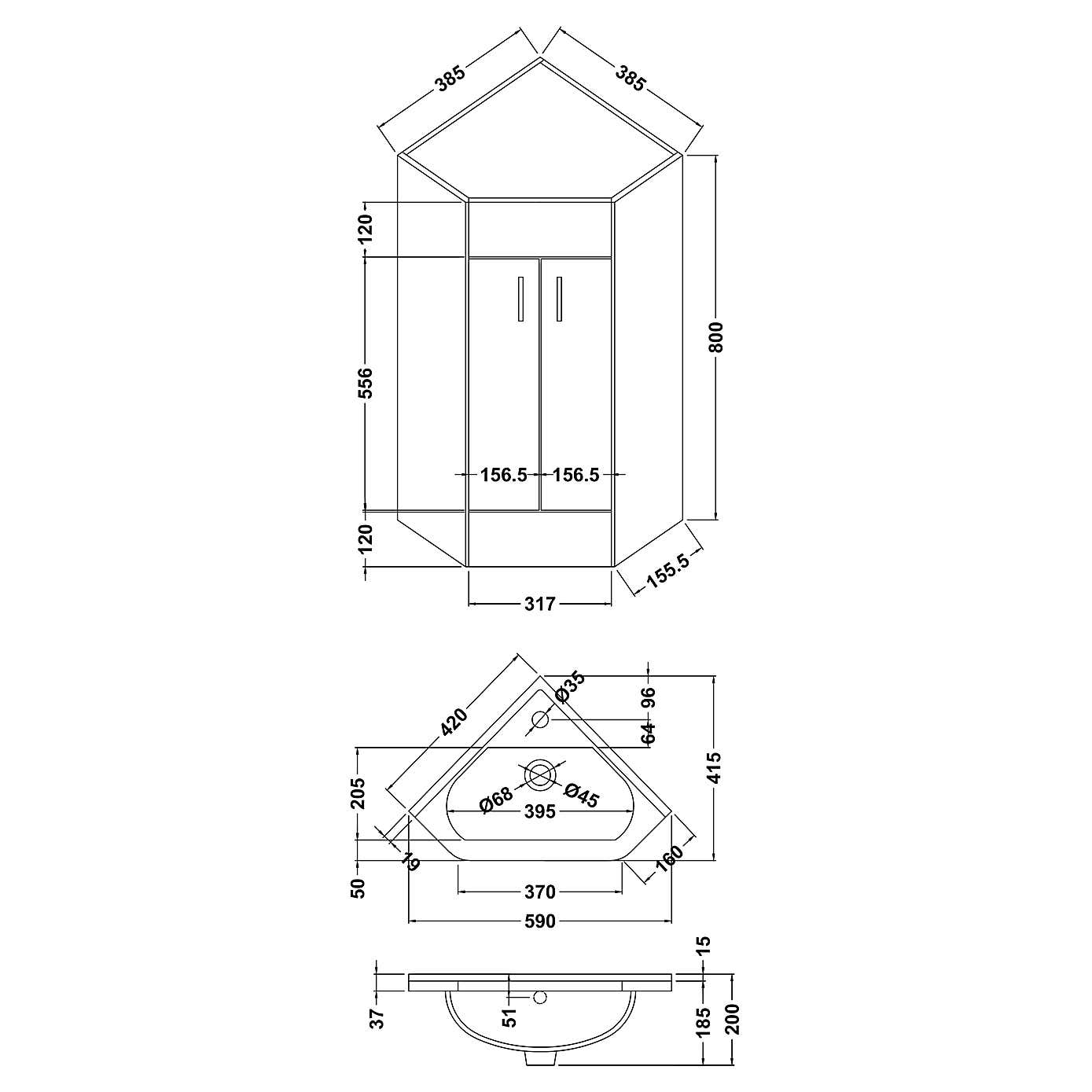 Mayford 2 Door Corner Vanity Unit with Basin