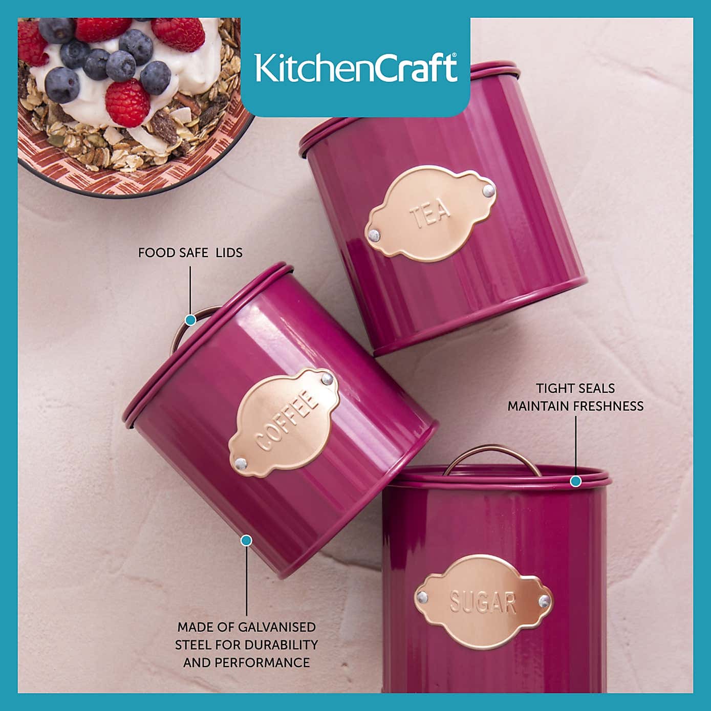 Set of 3 Airtight Canisters Burgundy