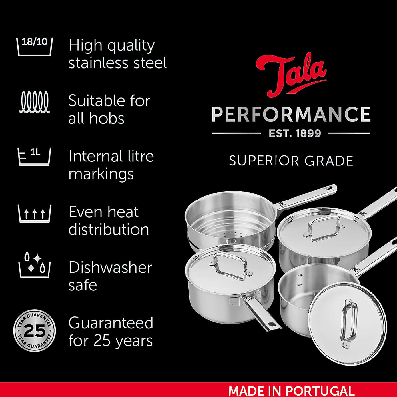 Tala Performance Superior Stainless Steel 3 Piece Saucepan Set with Steamer