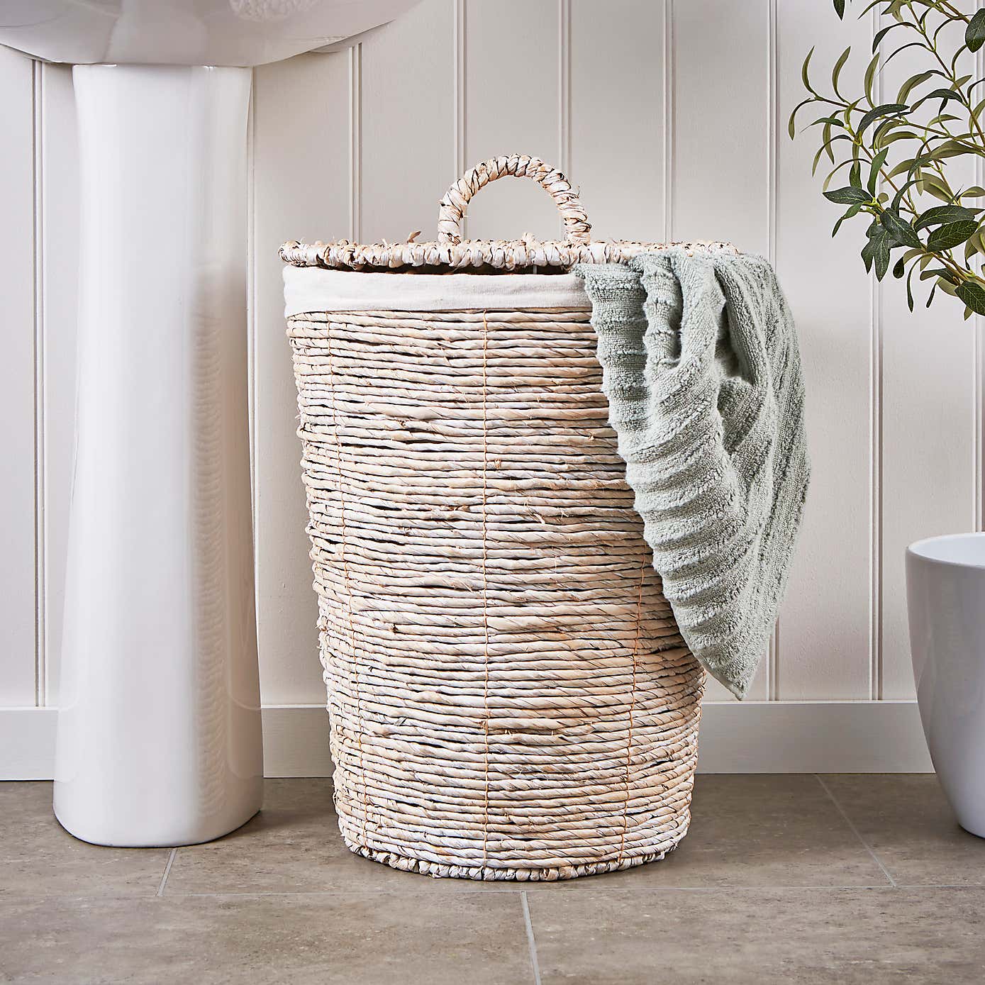 White Wash Wicker Laundry Bakset