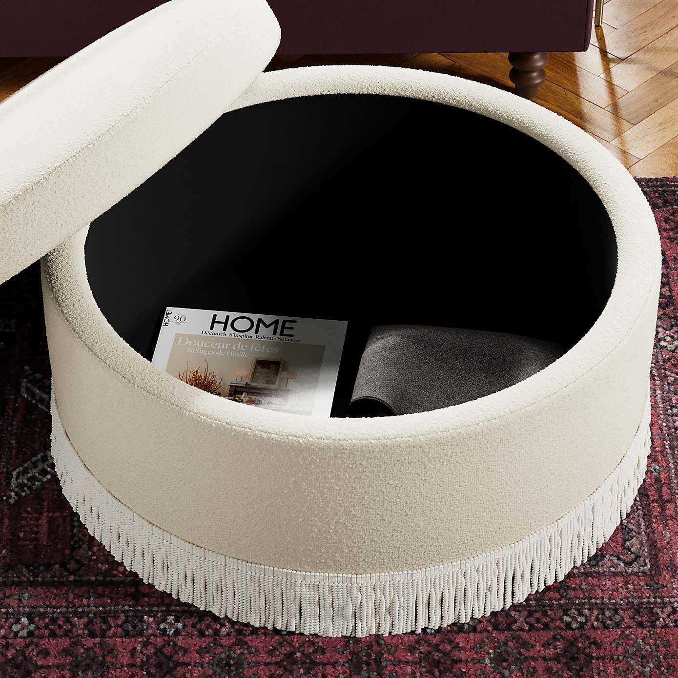 Round Tassel Boucle Storage Pouffe