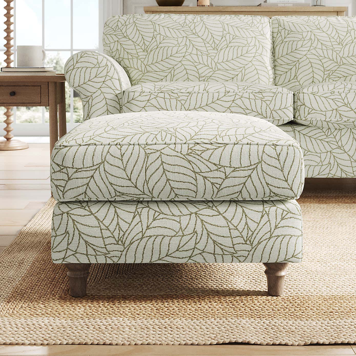 Flori Footstool, Leaf Print Fabric