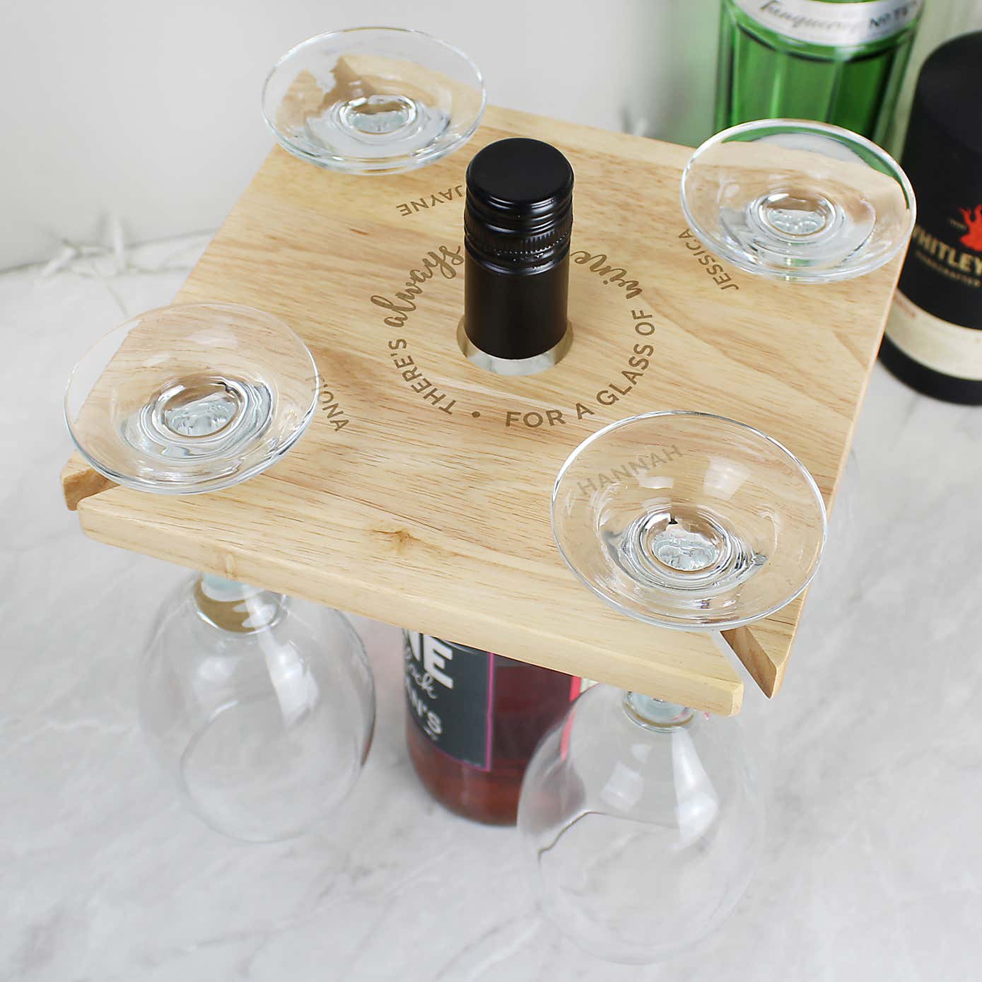 Personalised Time For a Glass of Wine Wooden Four Wine Glasses and Bottle Holder
