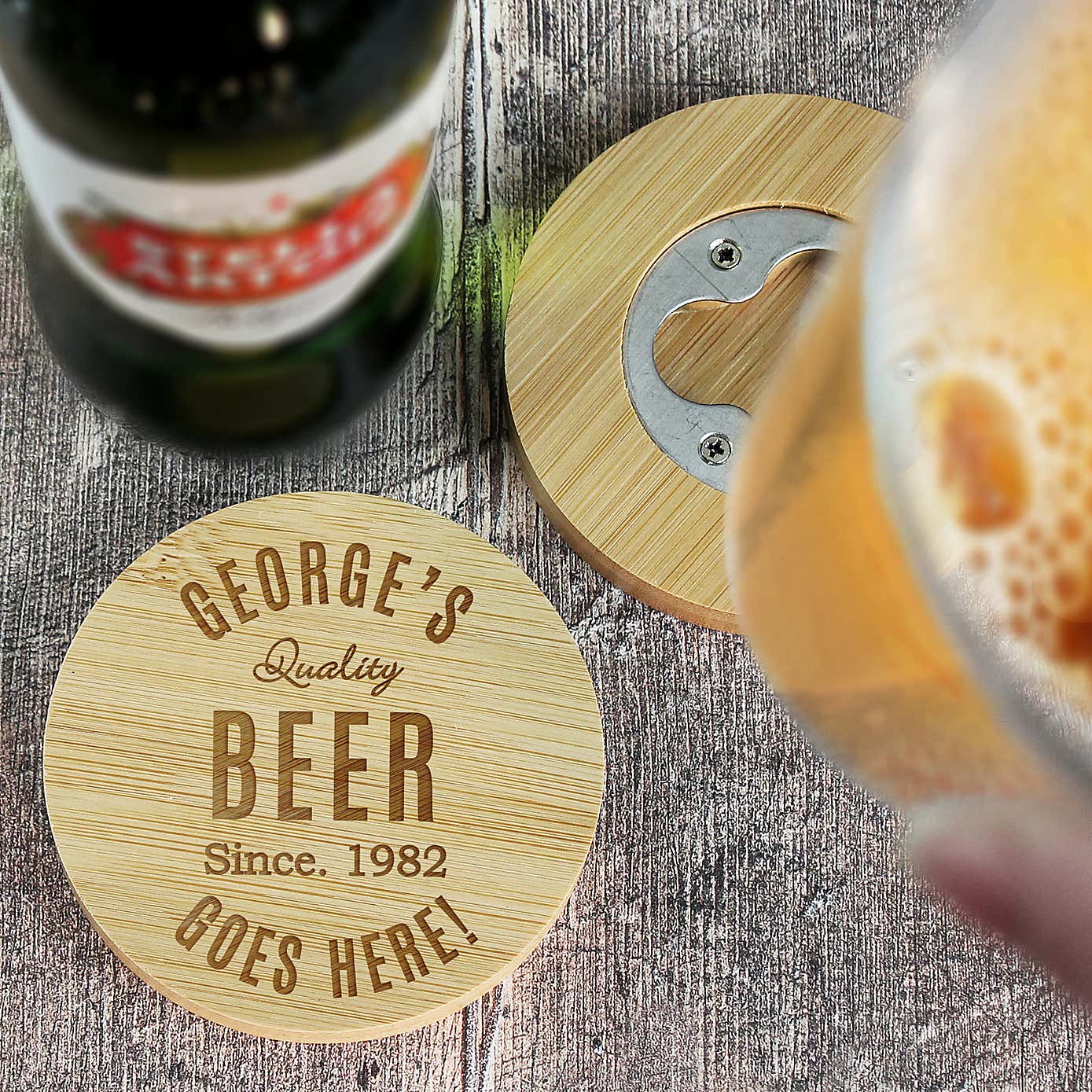 Personalised Bamboo Bottle Opener Coaster and Pint Glass