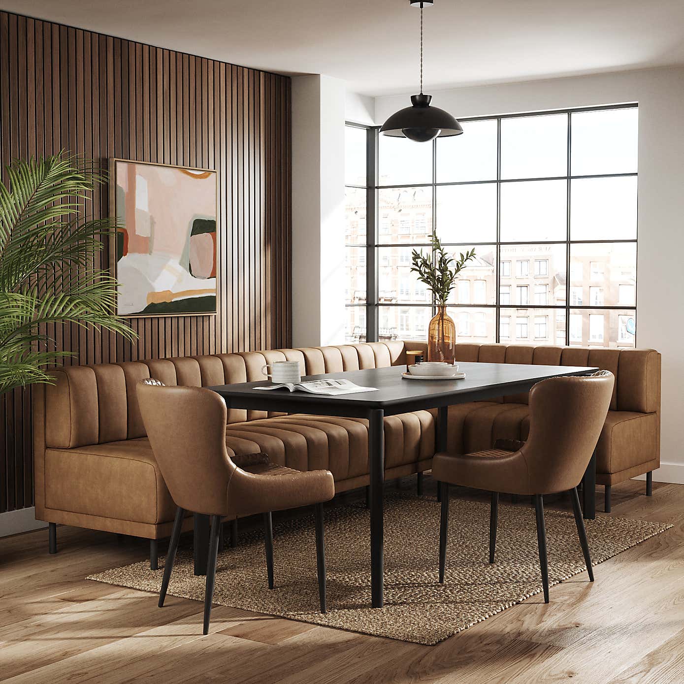 Amali Faux Leather Left Hand Dining Bench Tan Bundle