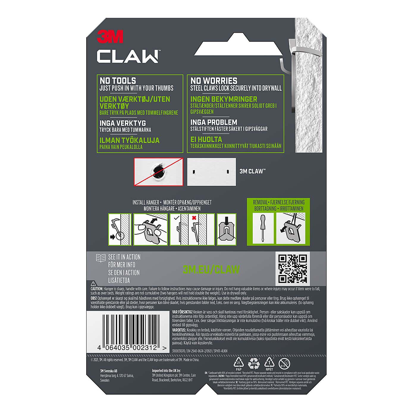 3M CLAW™ Plasterboard Picture and Mirror Hooks, 11 kg
