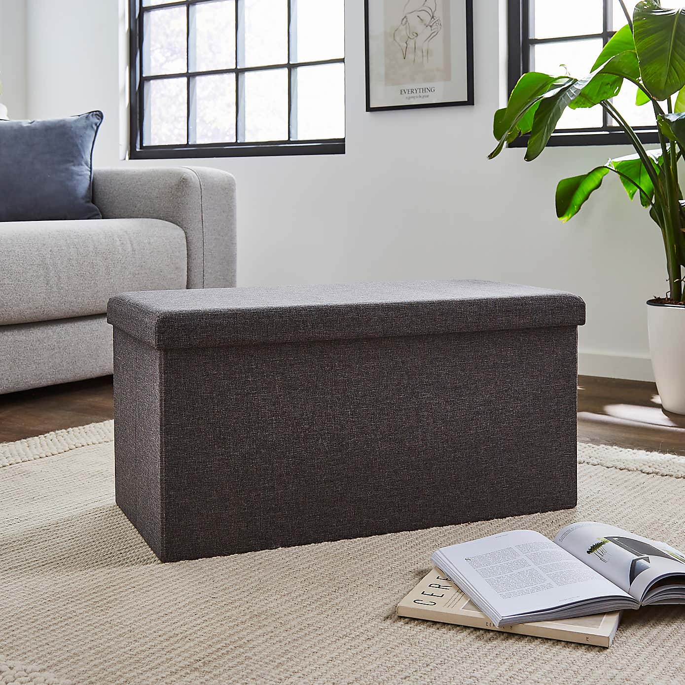 Faux Linen Rectangular Ottoman