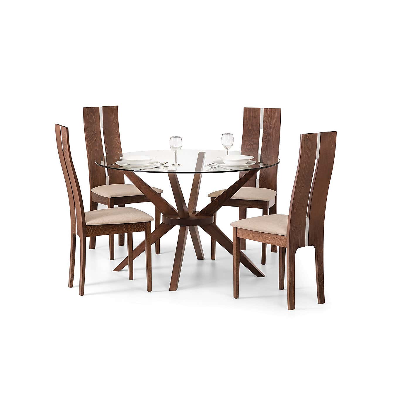 Chelsea Small Round Glass Dining Table with 4 Cayman Dining Chairs