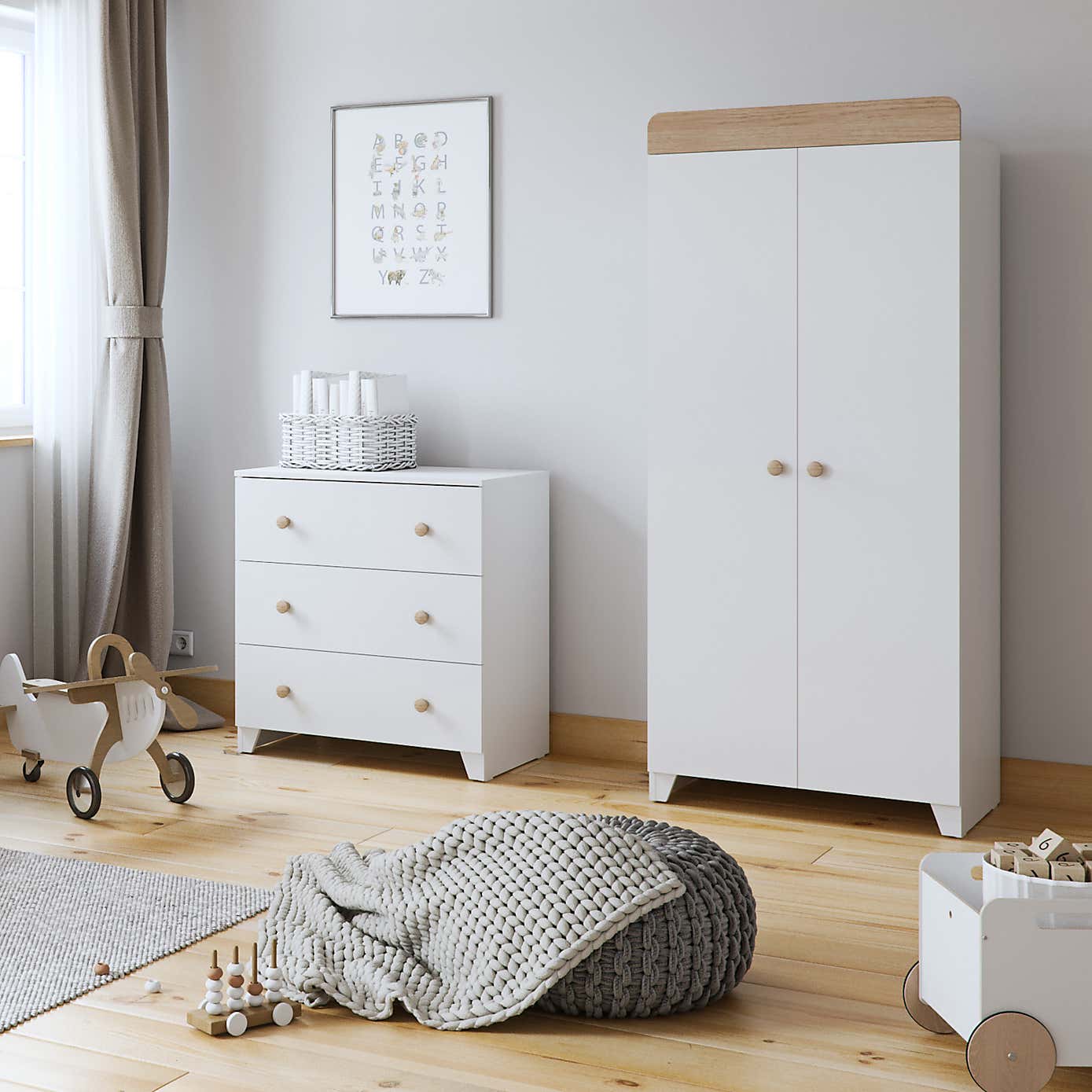 Little Acorns Classic Oak Effect 3 Drawer Chest and Wardrobe Nursery Set