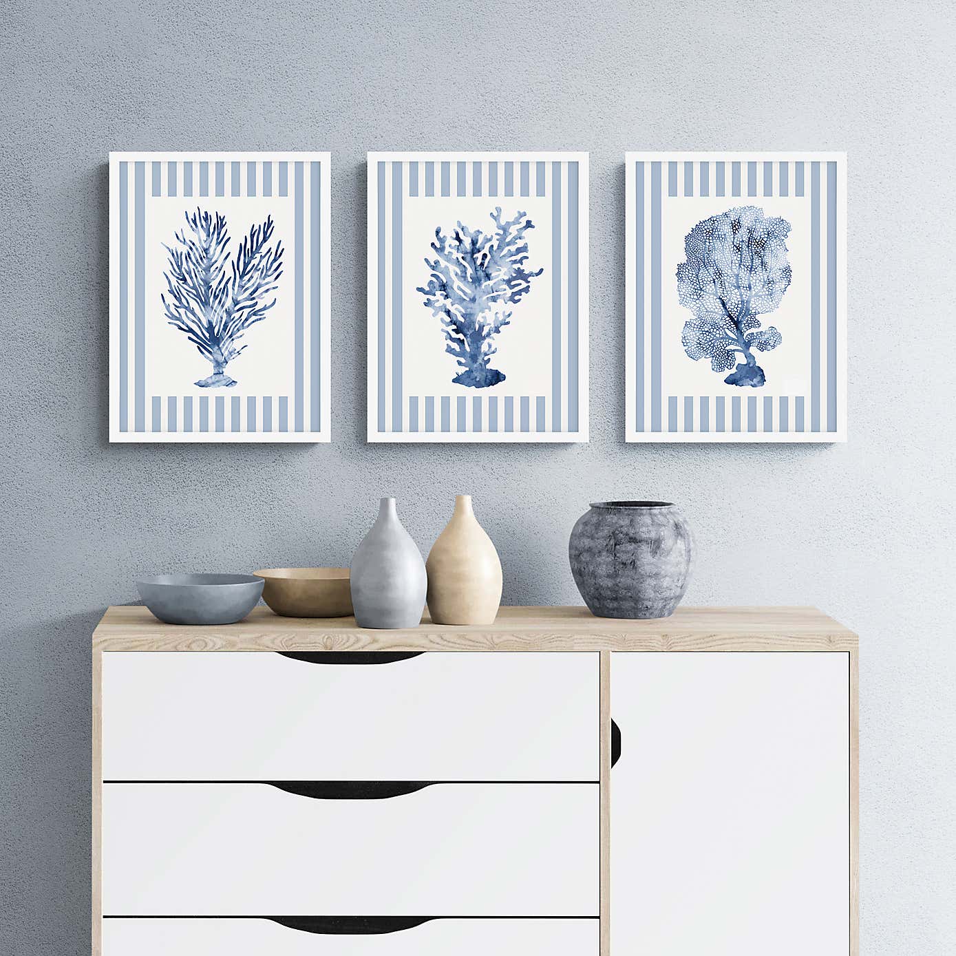 Set of 3 Shibori Coral Striped Framed Prints