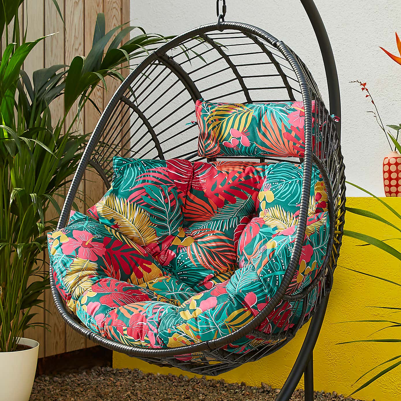 Black Egg Chair with Tropical Cushion