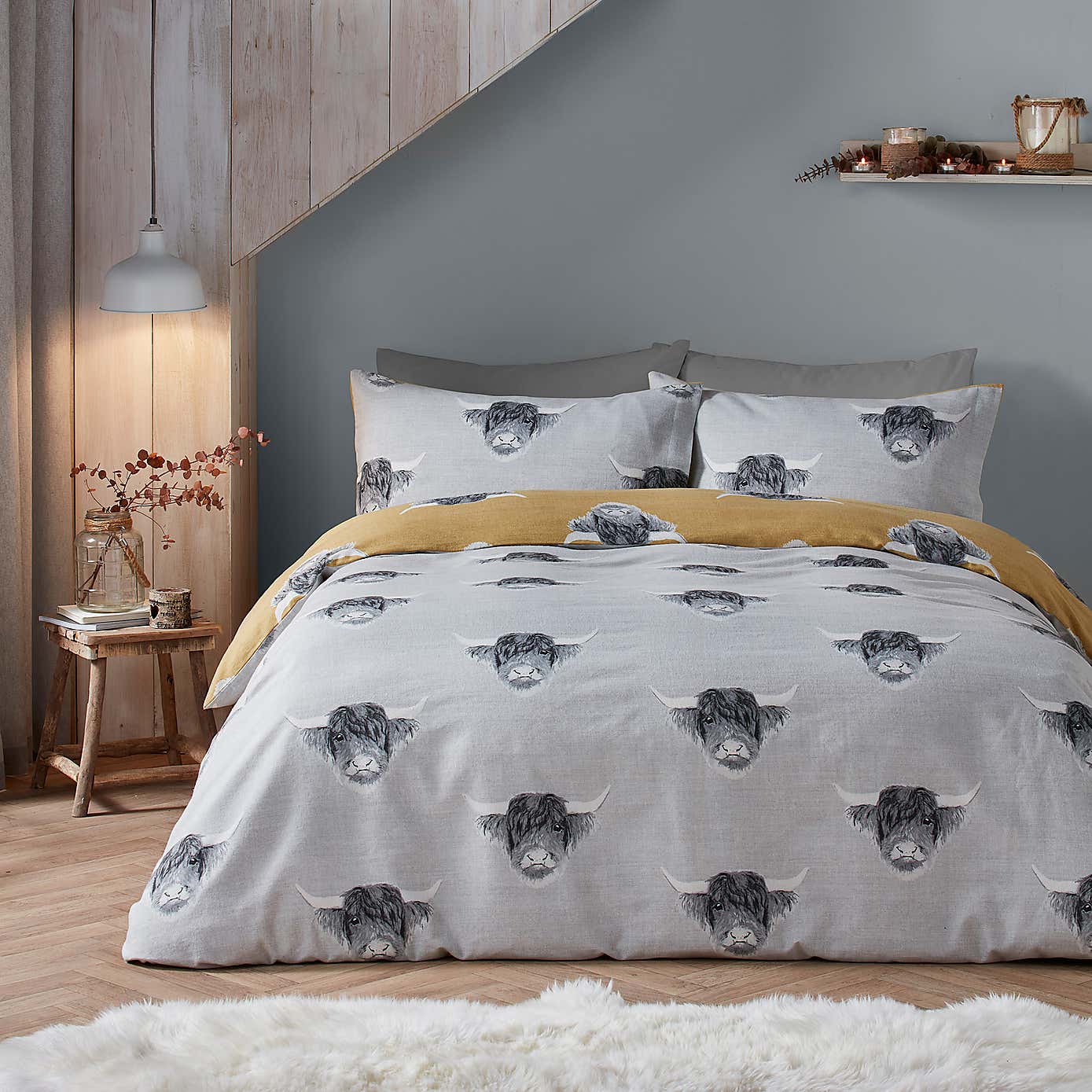 Fusion Snug Highland Cow Ochre Duvet Cover and Pillowcase Set