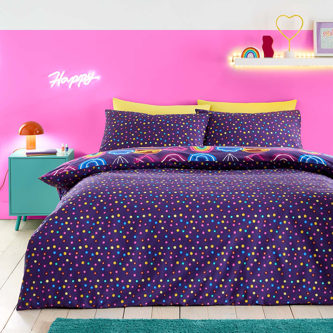 Girls Neon Reversible Duvet Cover and Pillowcase Set