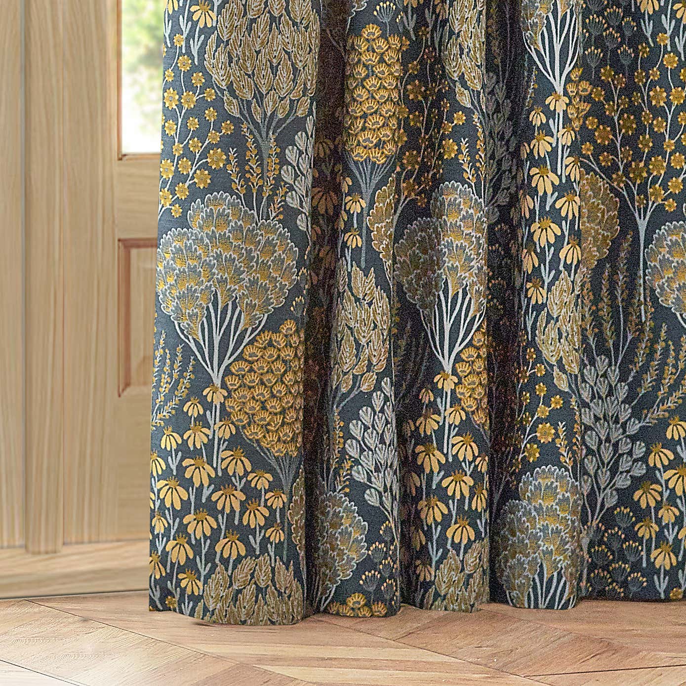 Ophelia Blue Saffron Pencil Pleat Curtains