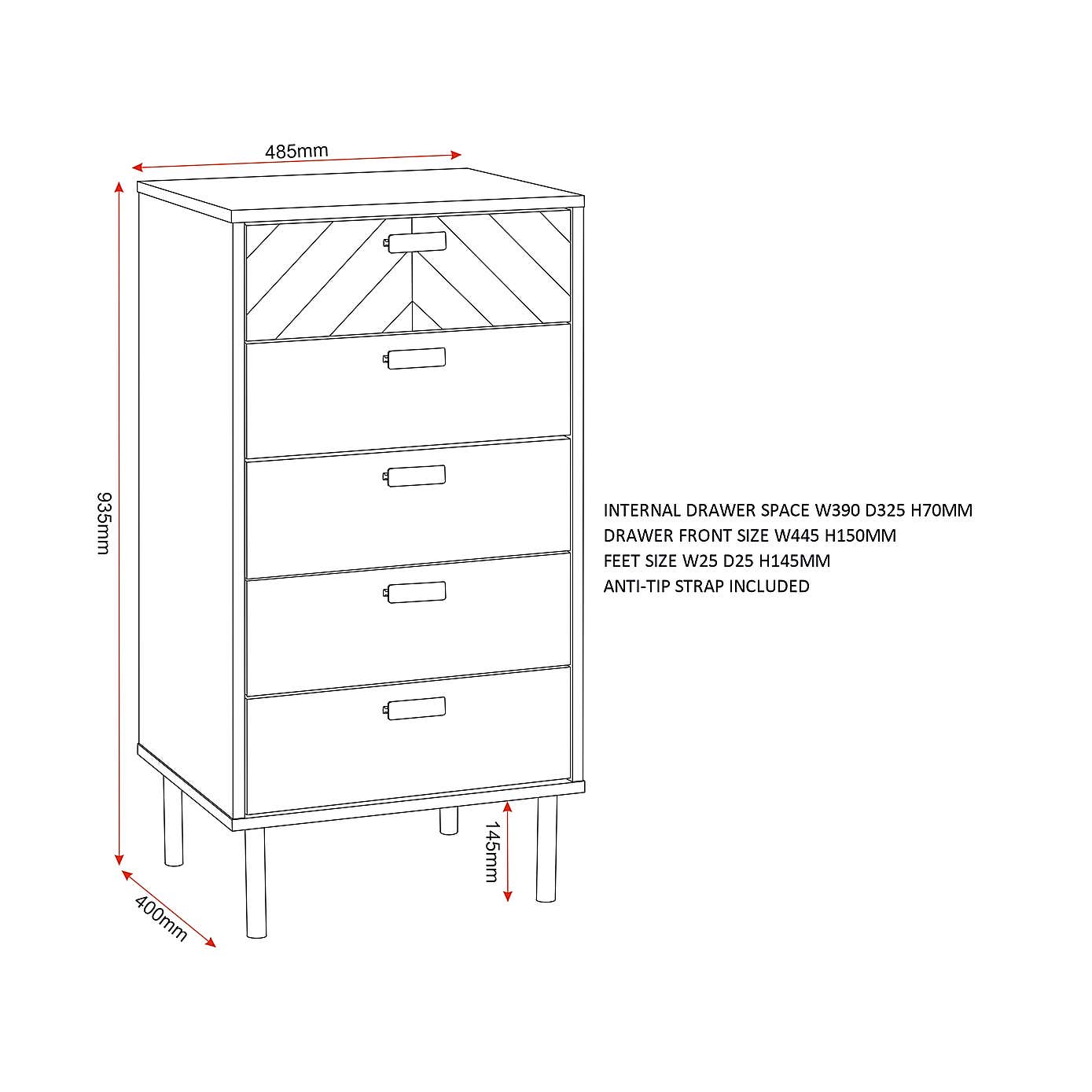 Barker 5 Drawer Narrow Chest, Oak Effect