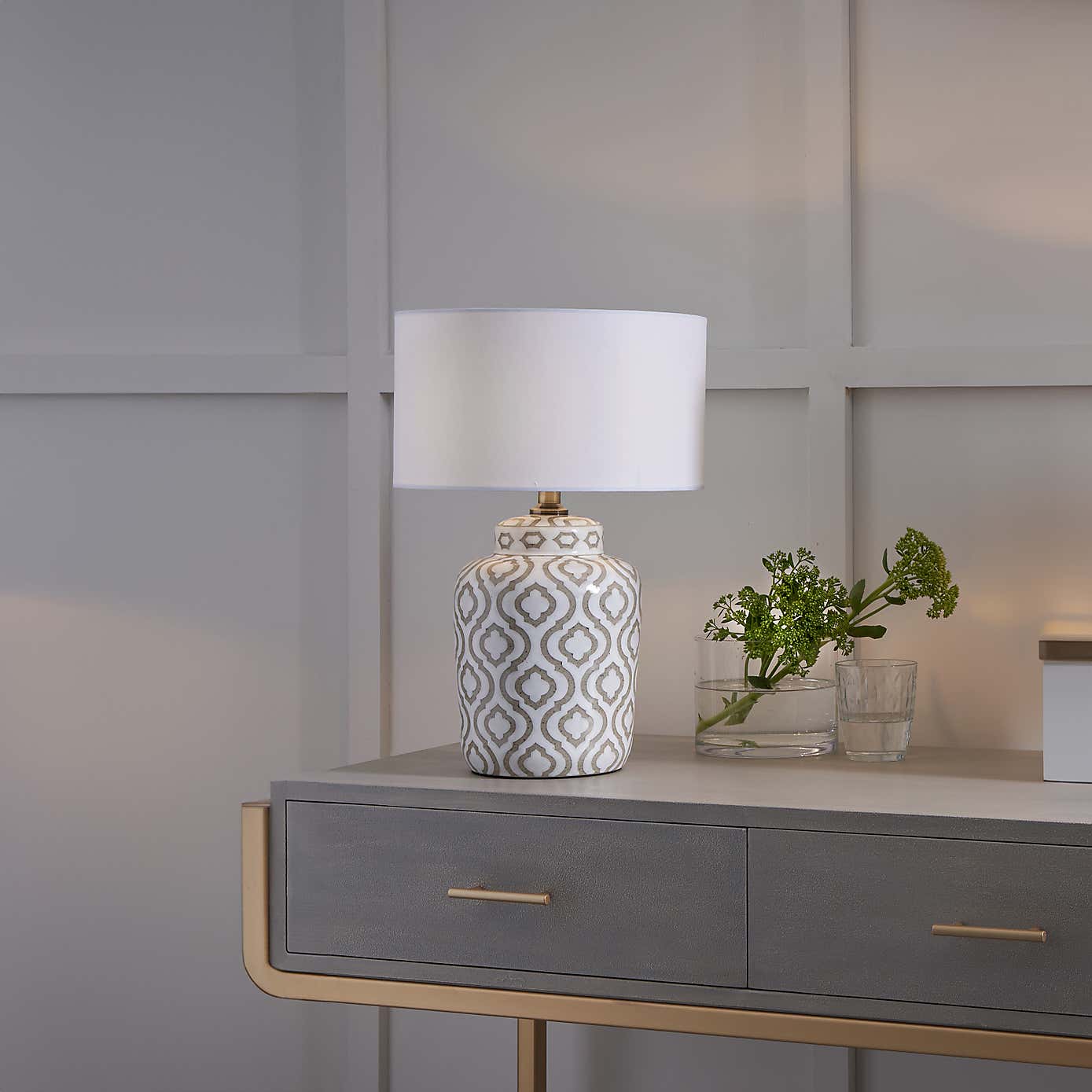 Celia Patterned Ceramic Table Lamp with Harry Cylinder Drum Shade