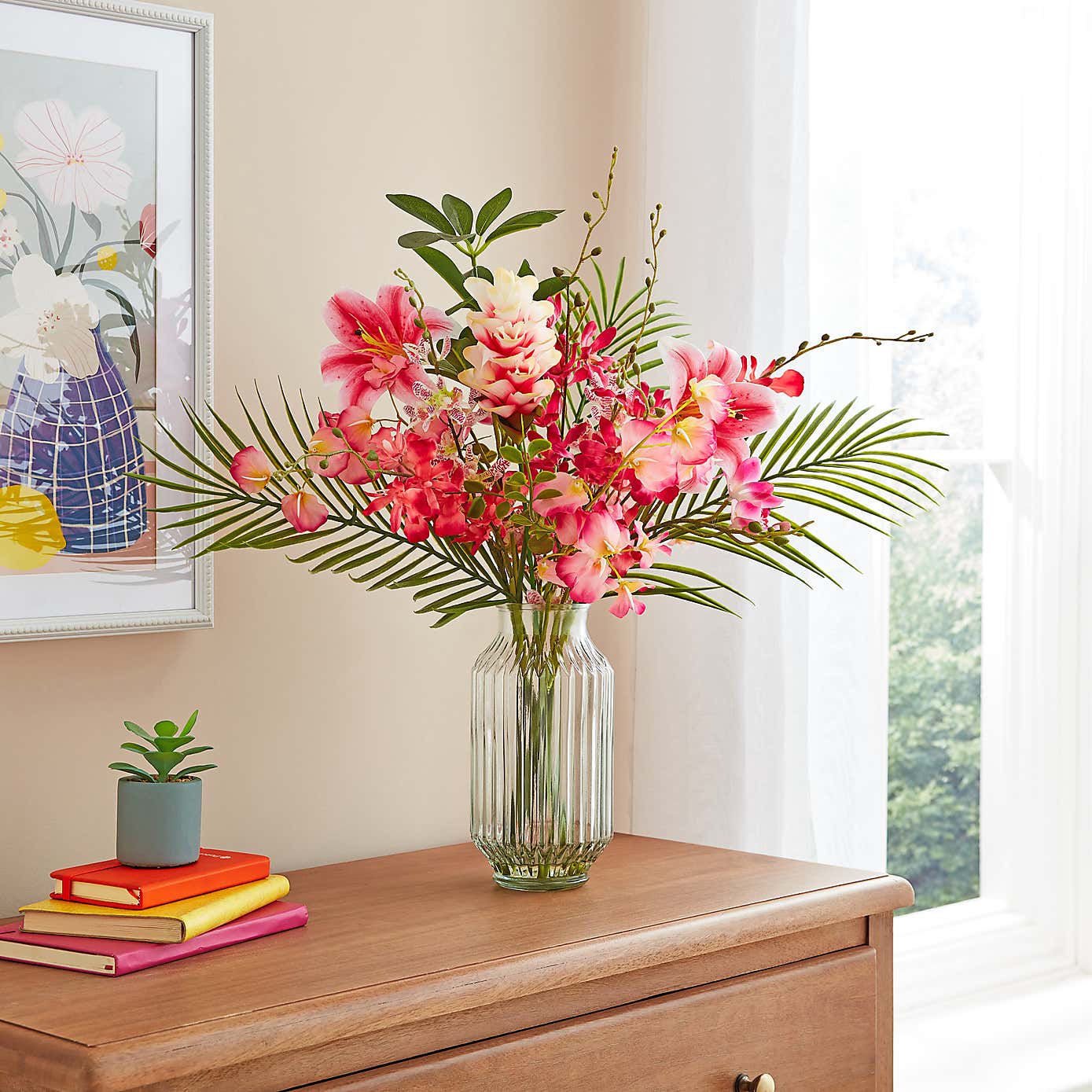 Artificial Orchid & Fern Bouquet in Ribbed Glass Vase