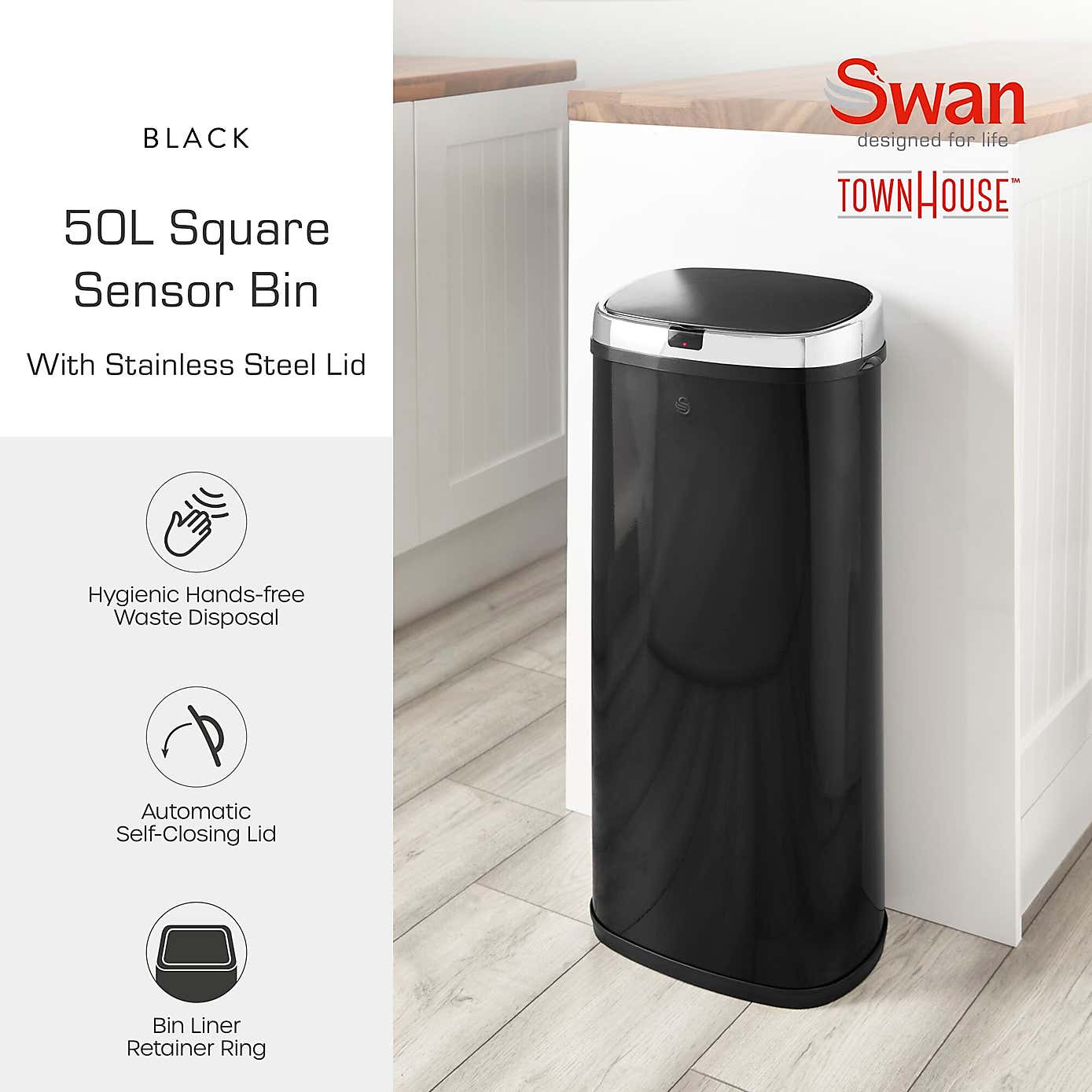 Swan 50L Square Sensor Bin