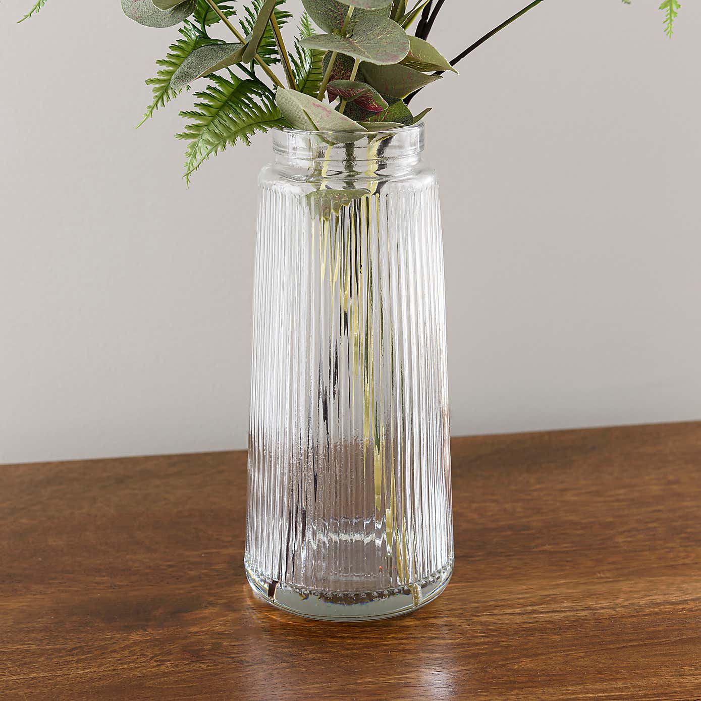 Artificial Green Hydrangea and Eucalyptus Bouquet in Ribbed Glass Vase