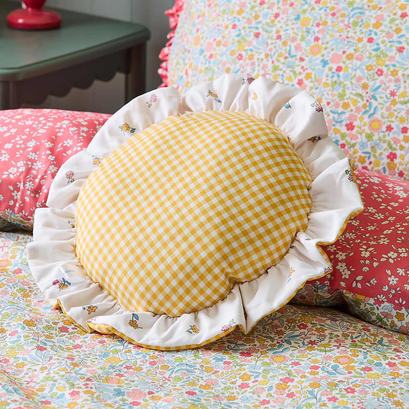 Yellow Gingham Round Cushion