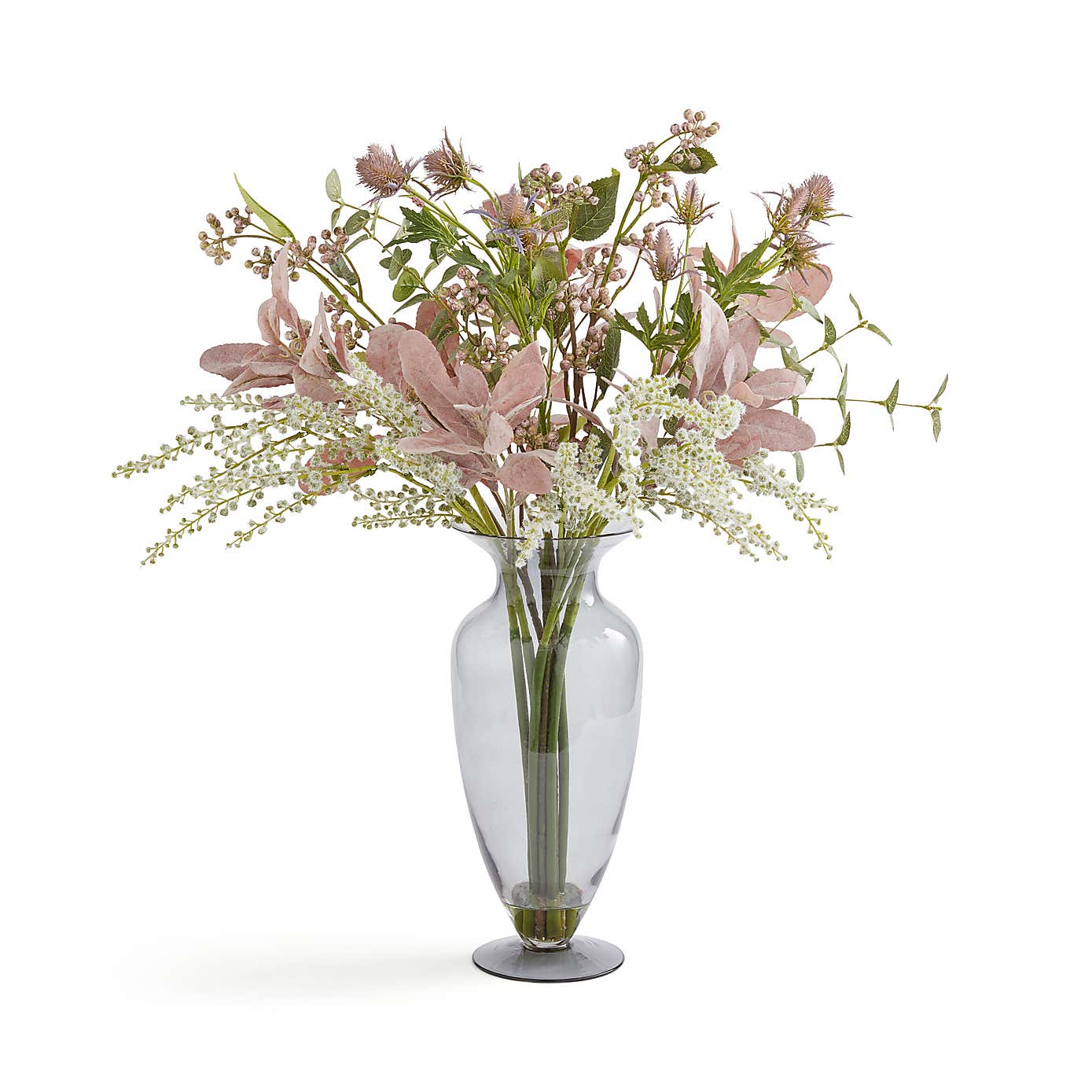 Artificial Floral Bouquet in Curved Glass Vase